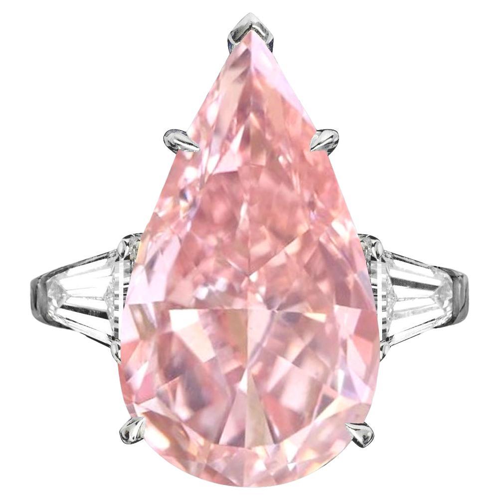 Exceptionnelle bague en diamant rose orangé fantaisie taille poire de 4 carats certifié par le GIA