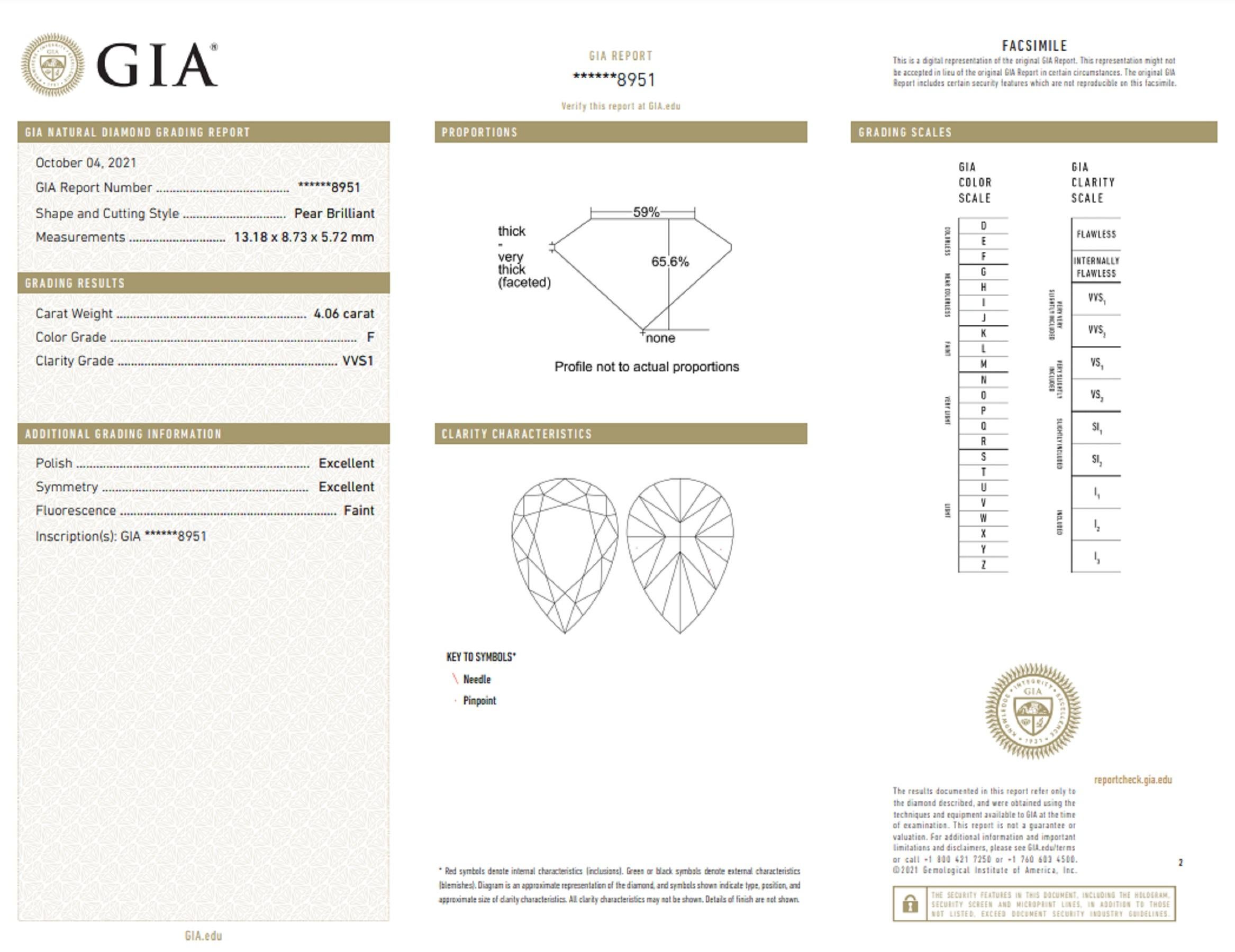 Exceptional GIA Certified 4 Carat Pear Cut Diamond Ring For Sale at ...