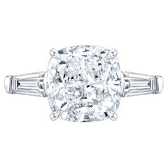 GIA Certified 5.06 Carat Cushion Cut Diamond E Color Ring with Tapered Baguette