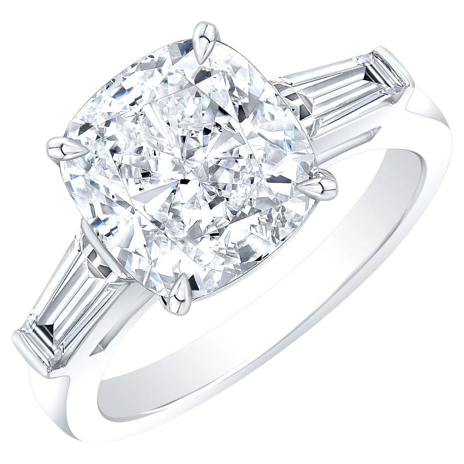 GIA Certified 5.08 Carat Cushion Cut Diamond Ring with Tapered Baguette
