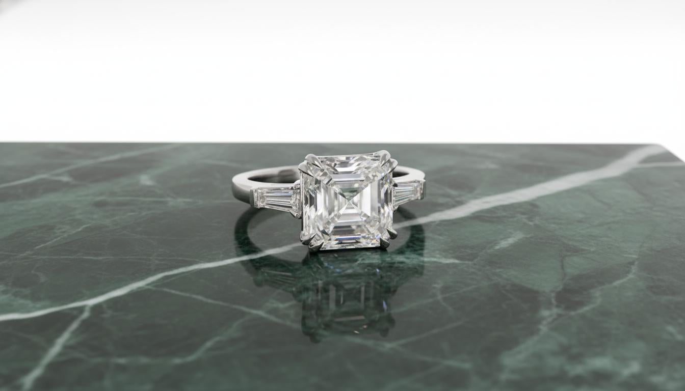 Ti presentiamo uno squisito diamante taglio Asscher certificato GIA da 5 carati incastonato in una lussuosa fascia di platino. Questo eccezionale diamante vanta una gradazione di colore I, che offre un aspetto incontaminato quasi privo di colore, e