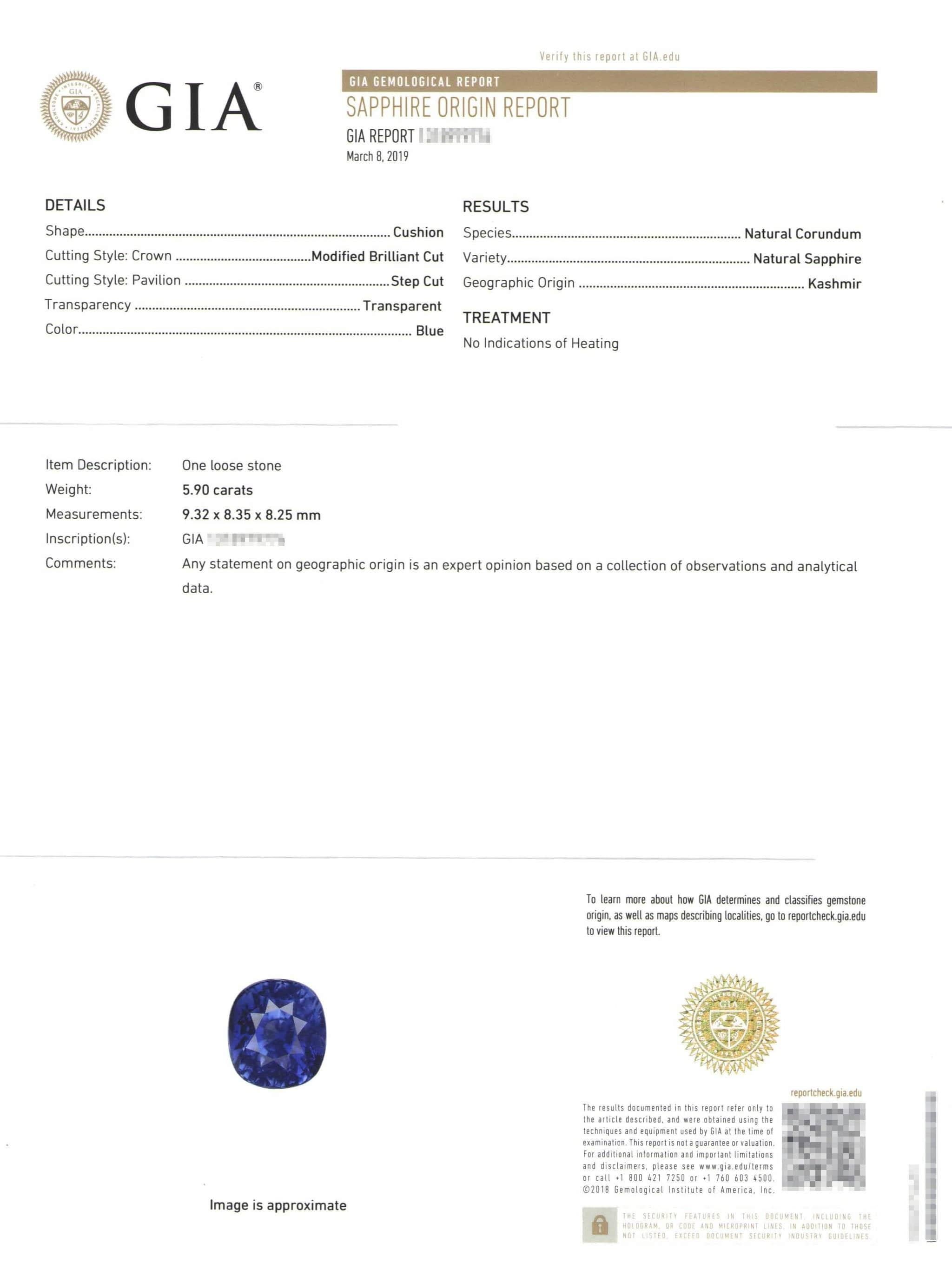 Taille coussin Exceptionnelle bague avec saphir bleu du Cachemire certifié GIA de 5,90 carats et diamants en vente