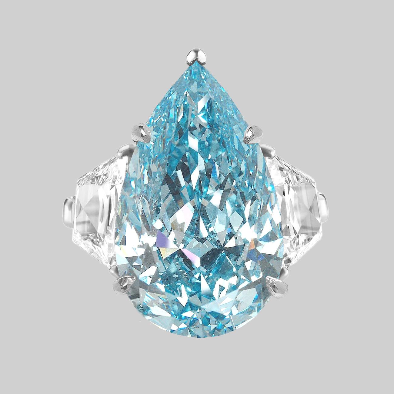 SELTENer GIA-zertifizierter Diamantring mit 3 Karat ausgefallenem grünem und blauem Birnenschliff (Tropfenschliff)
