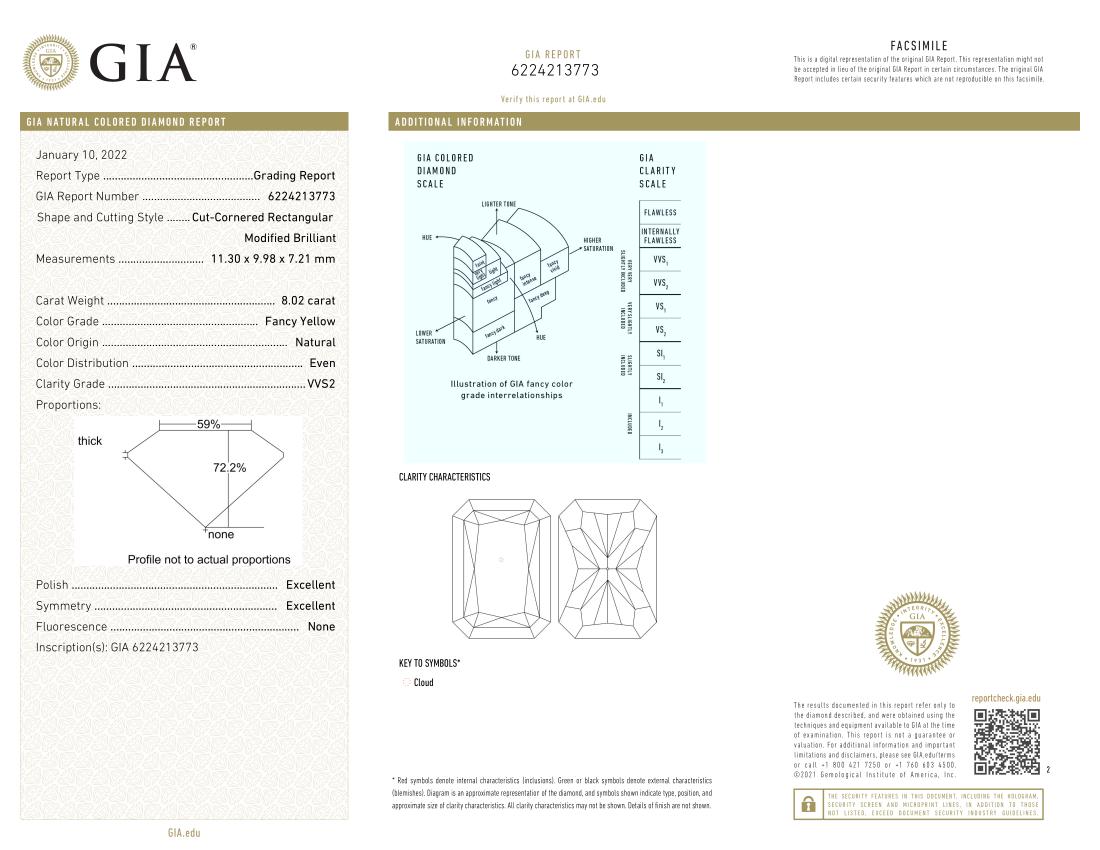 Radiant Cut EXCEPTIONAL GIA Certified 8 Carat VVS2 Fancy Yellow Diamond Ring For Sale