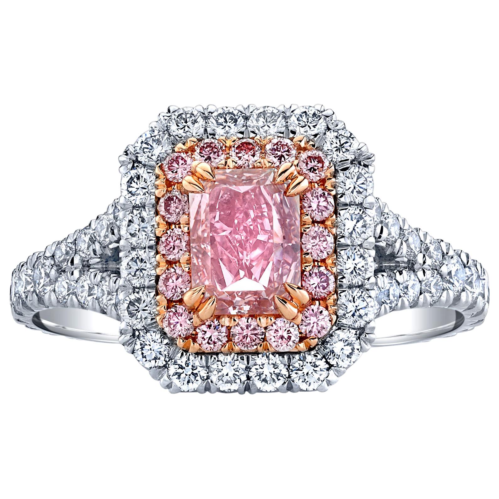 Exceptional GIA Certified Radiant 0.77 Carat Fancy Intense Pink Diamond Ring
