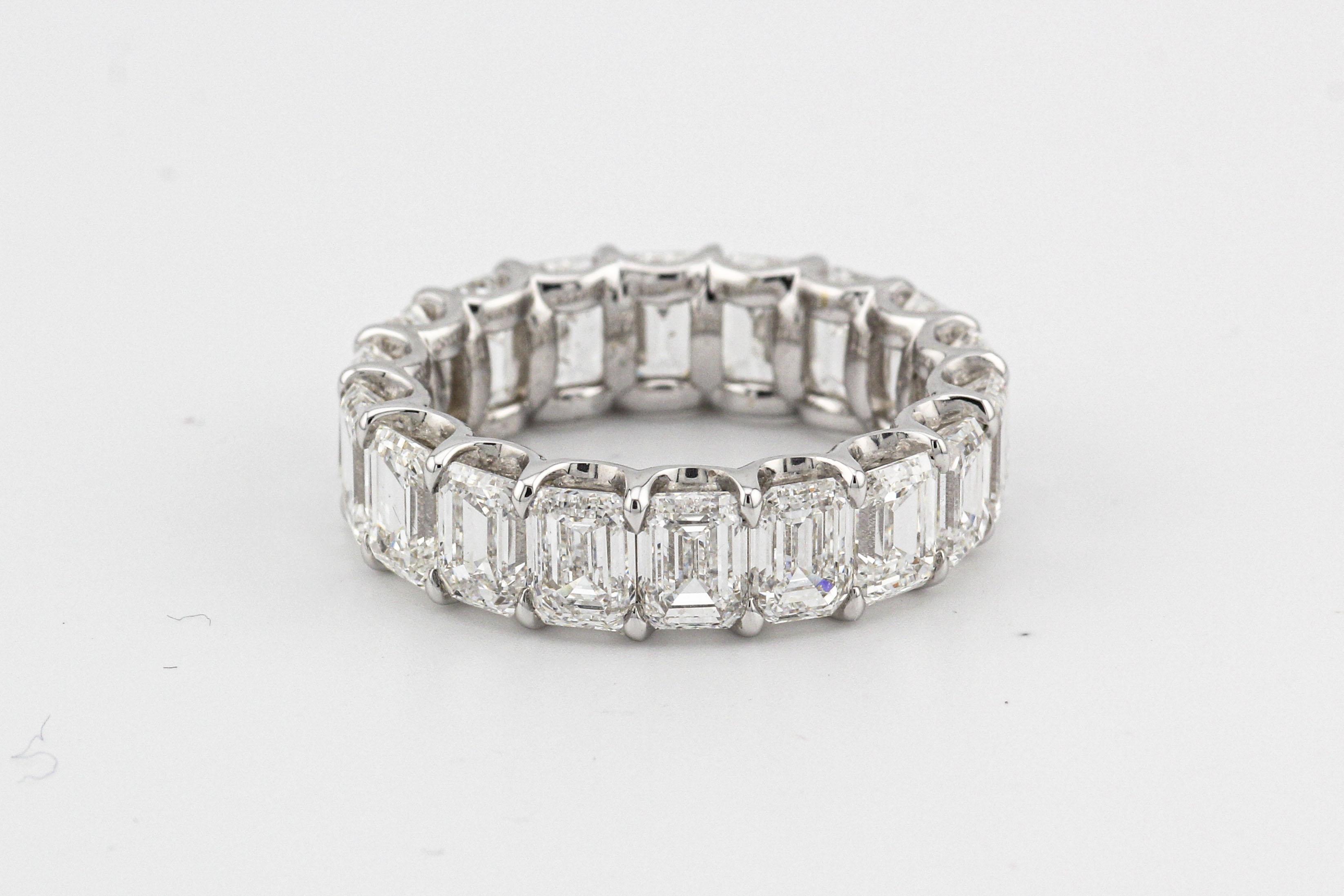 Introducing an extraordinary piece of luxury: the Exceptional D-F IF-VVS2 9.01 carats Emerald Cut Diamond 18k White Gold Eternity Band. This stunning piece is a celebration of unparalleled craftsmanship, exquisite diamonds, and timeless