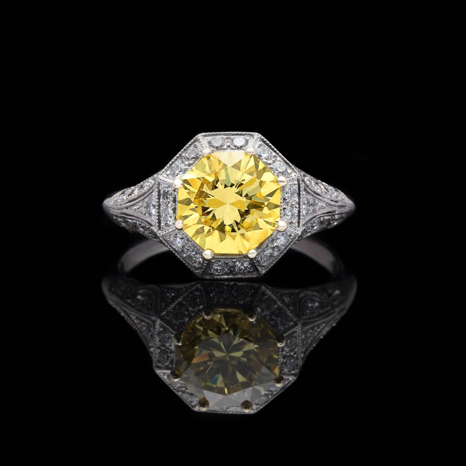 Art Deco Exceptional GIA Fancy Intense Yellow Diamond in French Platinum Ring