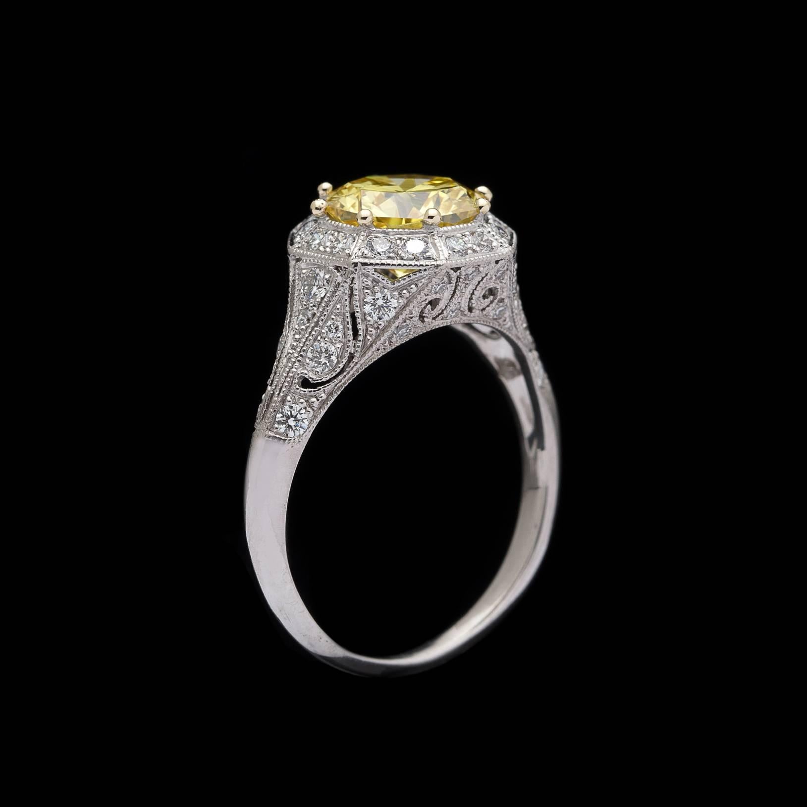 Women's or Men's Exceptional GIA Fancy Intense Yellow Diamond in French Platinum Ring