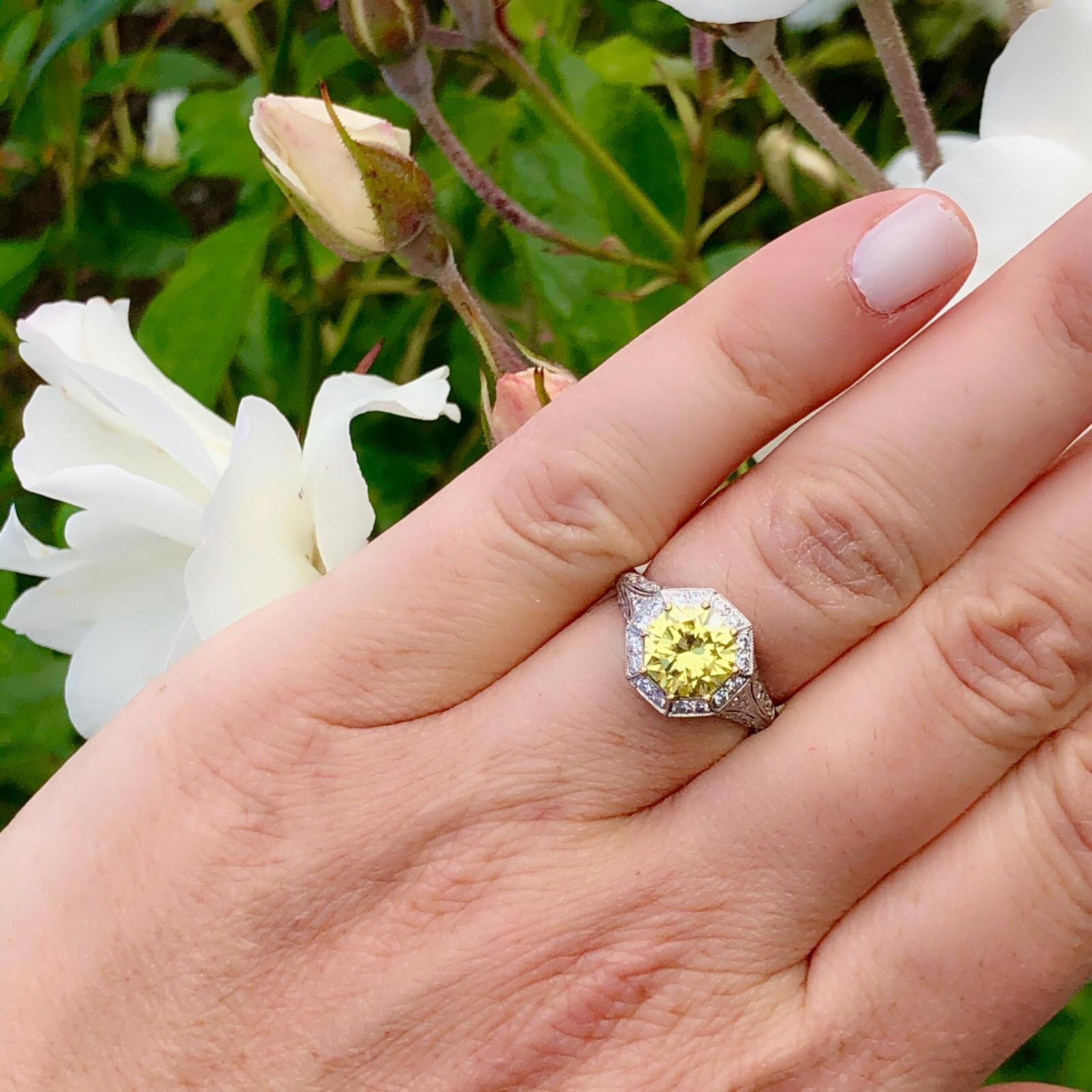 Exceptional GIA Fancy Intense Yellow Diamond in French Platinum Ring 2