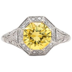Exceptional GIA Fancy Intense Yellow Diamond in French Platinum Ring