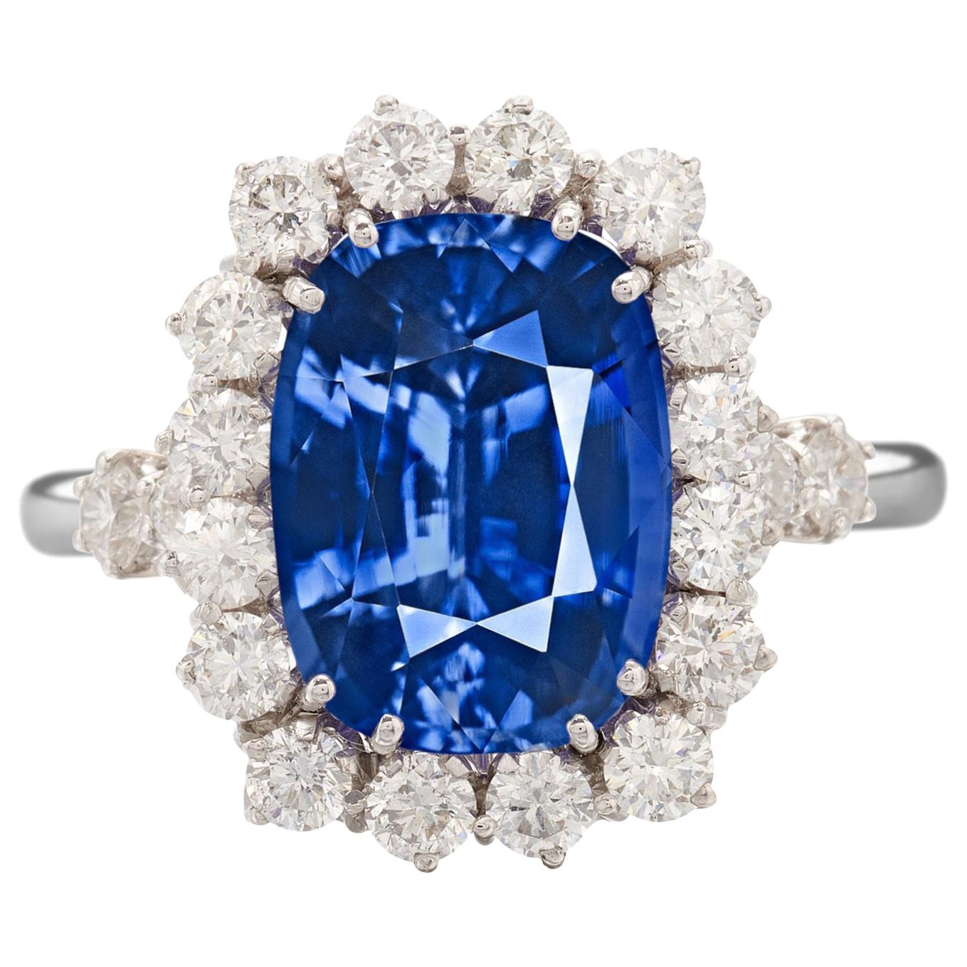 Exceptional GIA IGI Certified 5 Carat Kashmir Blue Cushion Sapphire Diamond Ring