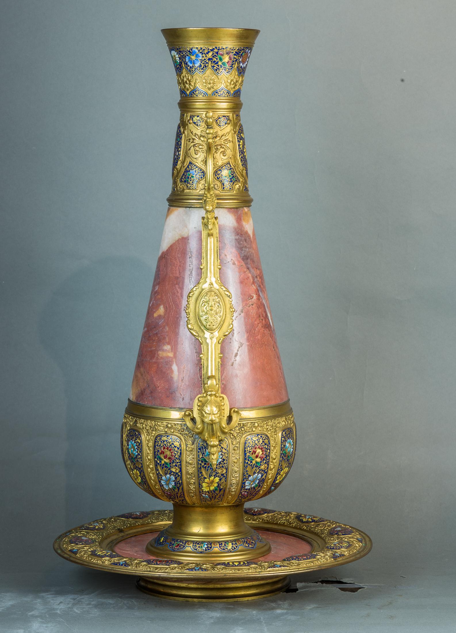 Exceptional Gilt-Bronze and Champlevé Enamel Egyptian Onyx Garniture In Good Condition For Sale In New York, NY