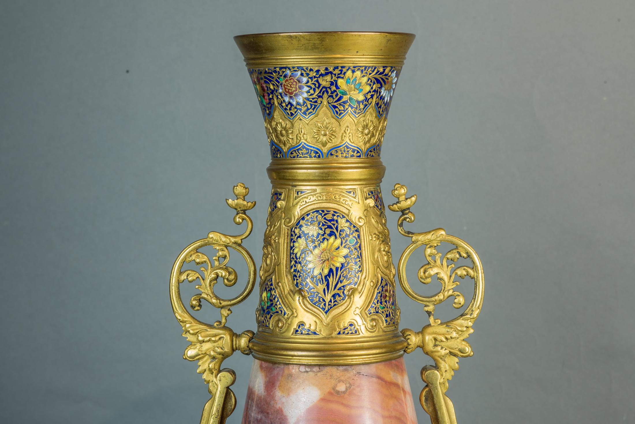 Exceptional Gilt-Bronze and Champlevé Enamel Egyptian Onyx Garniture For Sale 1