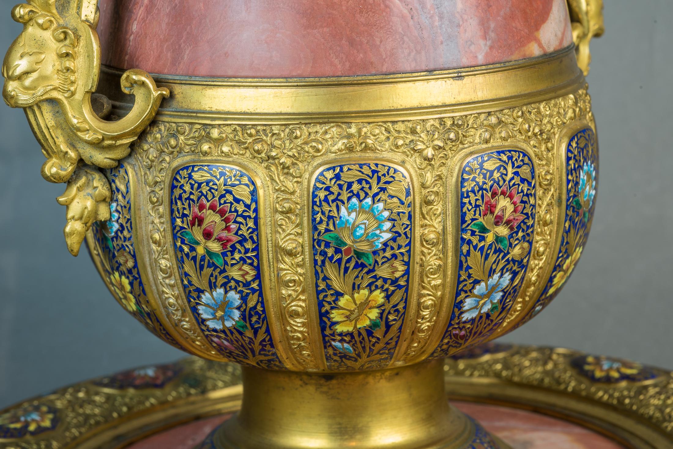 Exceptional Gilt-Bronze and Champlevé Enamel Egyptian Onyx Garniture For Sale 3