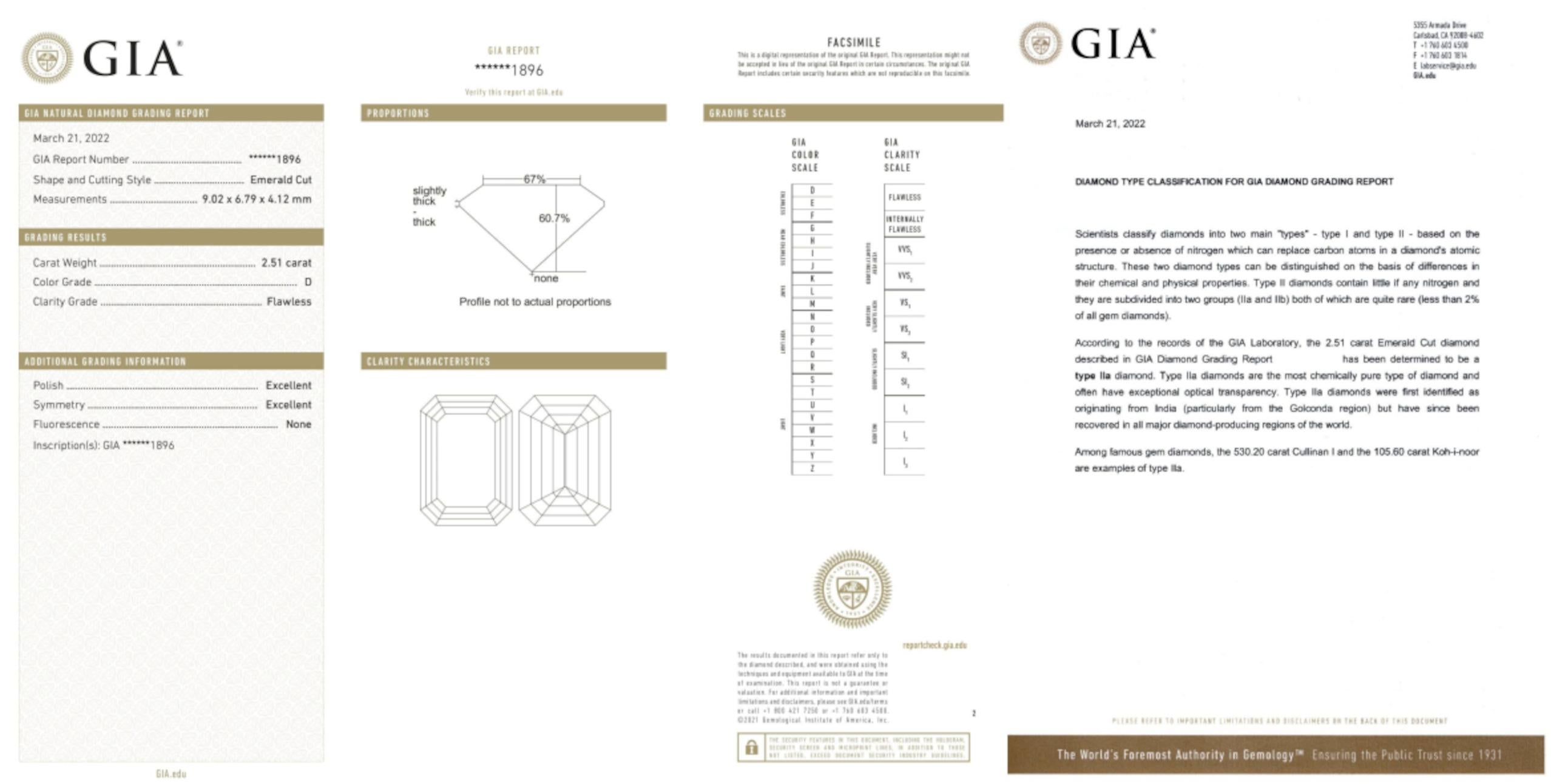 This classic Antinori di Sanpietro ring is set with an exceptional 2.51 carat emerald-cut diamond that bears all the hallmarks of the legendary Golconda diamonds. The rare stone is certified by the Gemological Institute of America (GIA) as being D