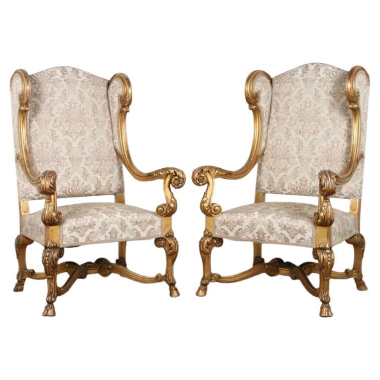 Exceptional Gold Gilded Louis XV Stylized Guilded Armchairs For Sale