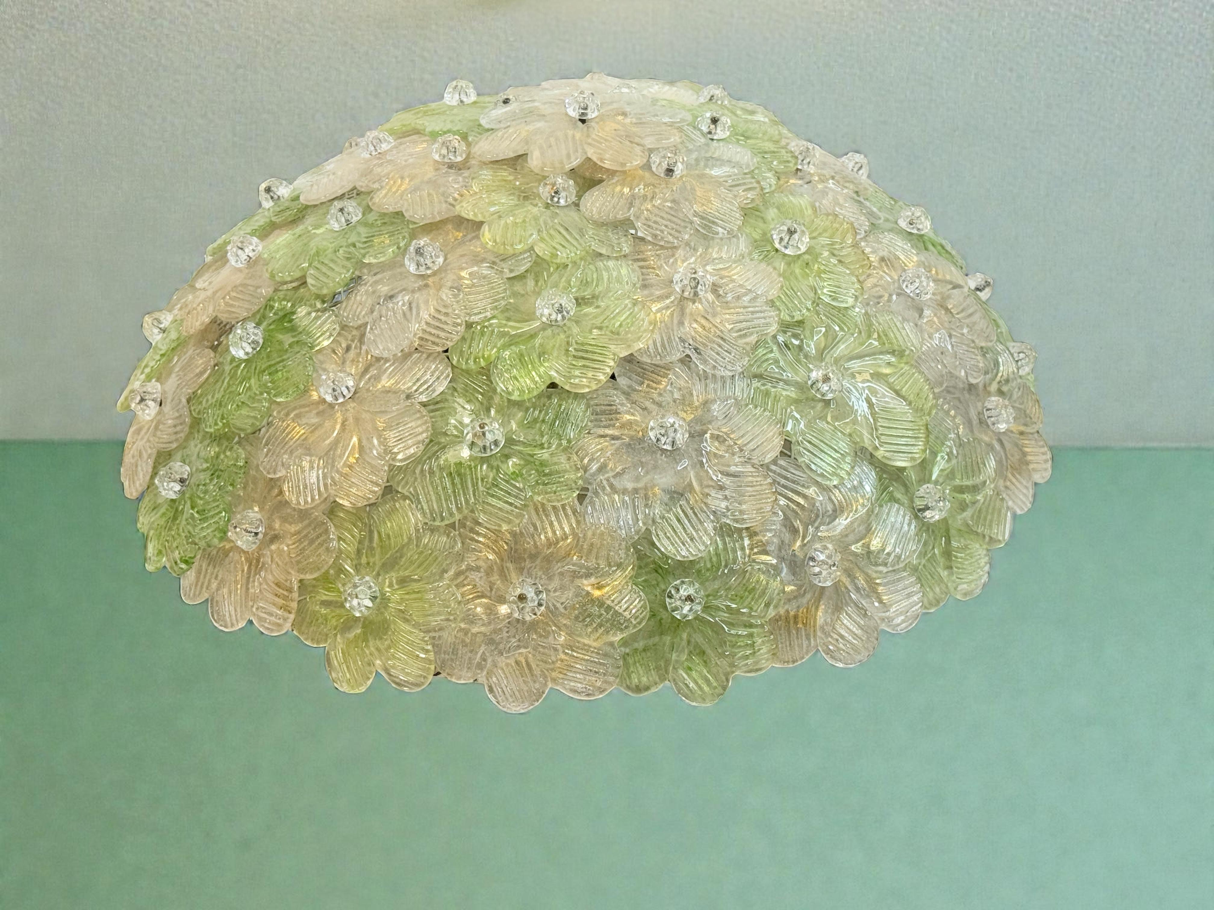 Exceptionnelle lampe affleurante à fleurs vertes et dorées Barovier & Greene Greene, Italie, années 1960 en vente 6