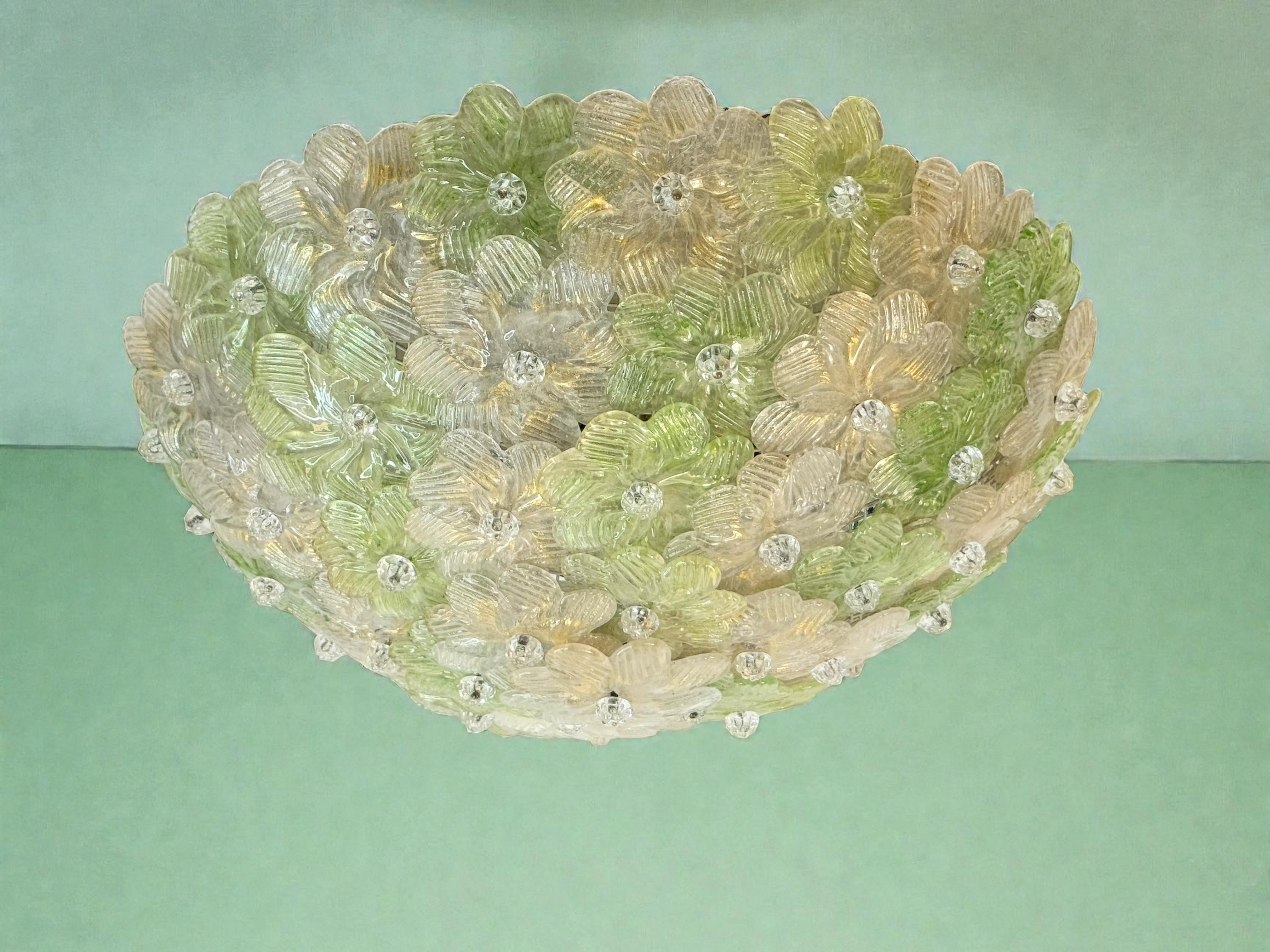 Exceptionnelle lampe affleurante à fleurs vertes et dorées Barovier & Greene Greene, Italie, années 1960 en vente 7