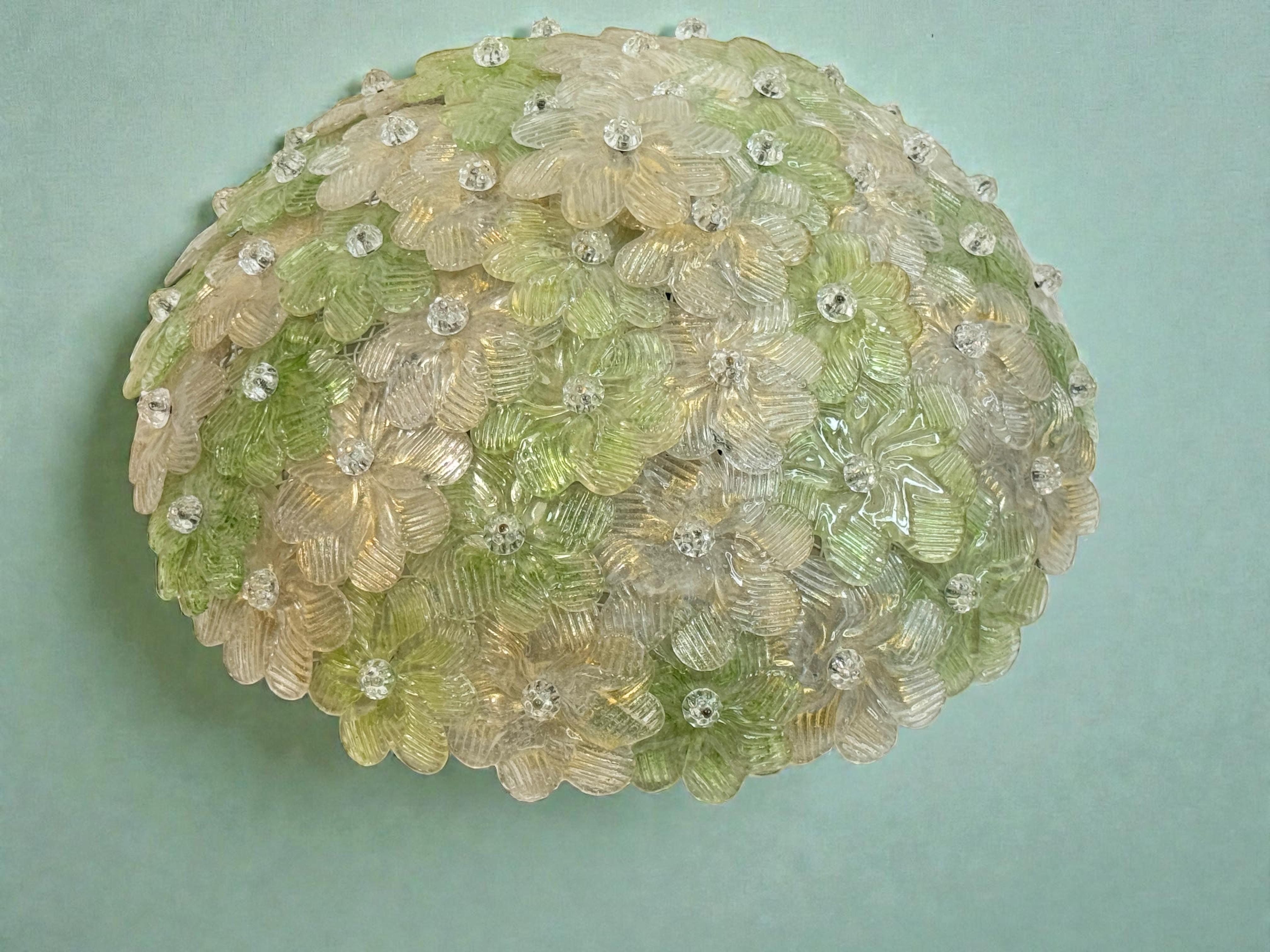 Exceptionnelle lampe affleurante à fleurs vertes et dorées Barovier & Greene Greene, Italie, années 1960 en vente 8