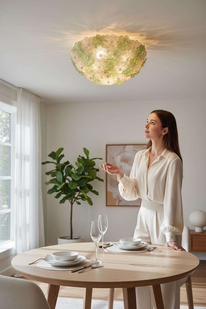 Exceptionnelle lampe affleurante à fleurs vertes et dorées Barovier & Greene Greene, Italie, années 1960 en vente 10