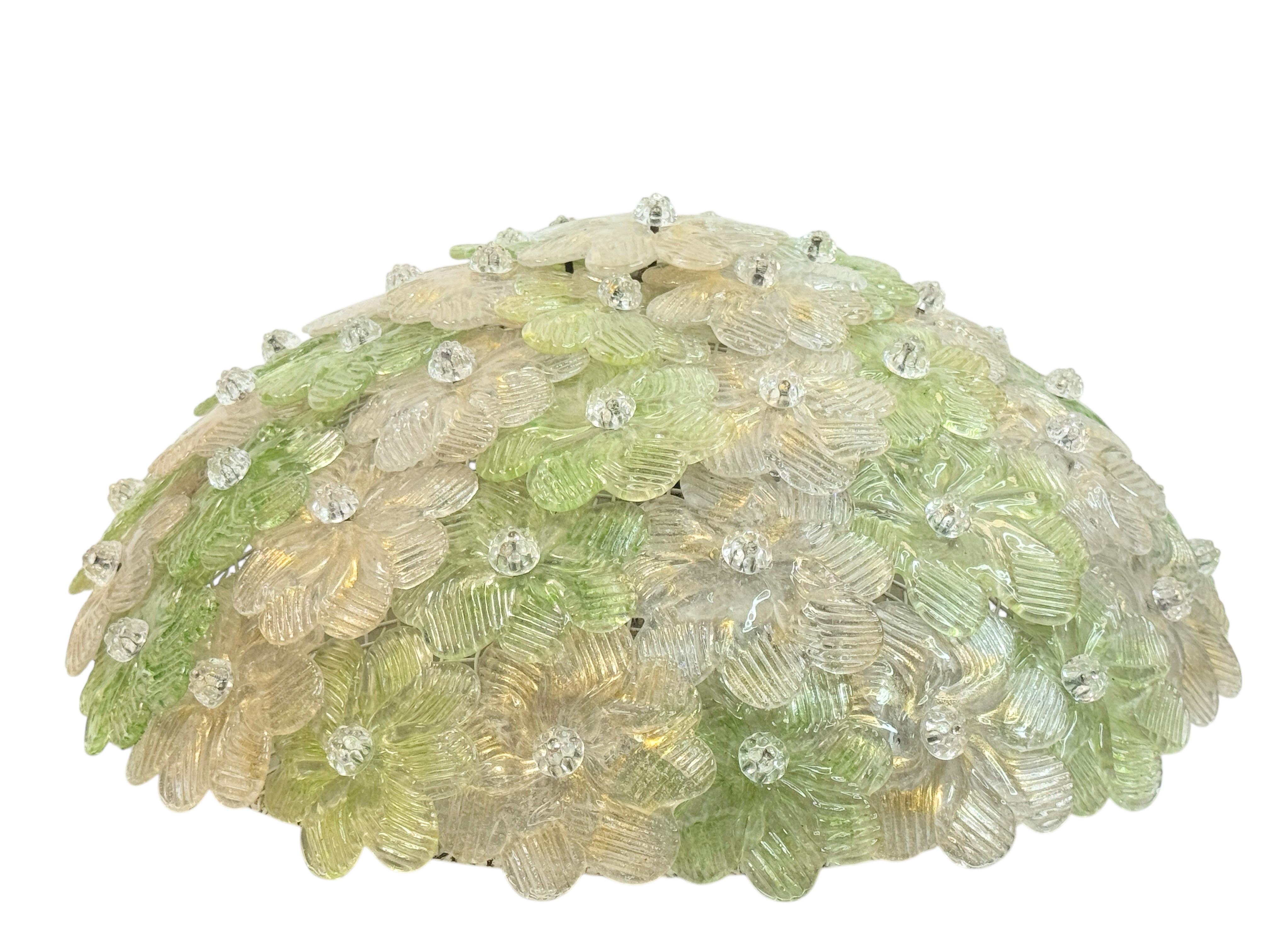 italien Exceptionnelle lampe affleurante à fleurs vertes et dorées Barovier & Greene Greene, Italie, années 1960 en vente