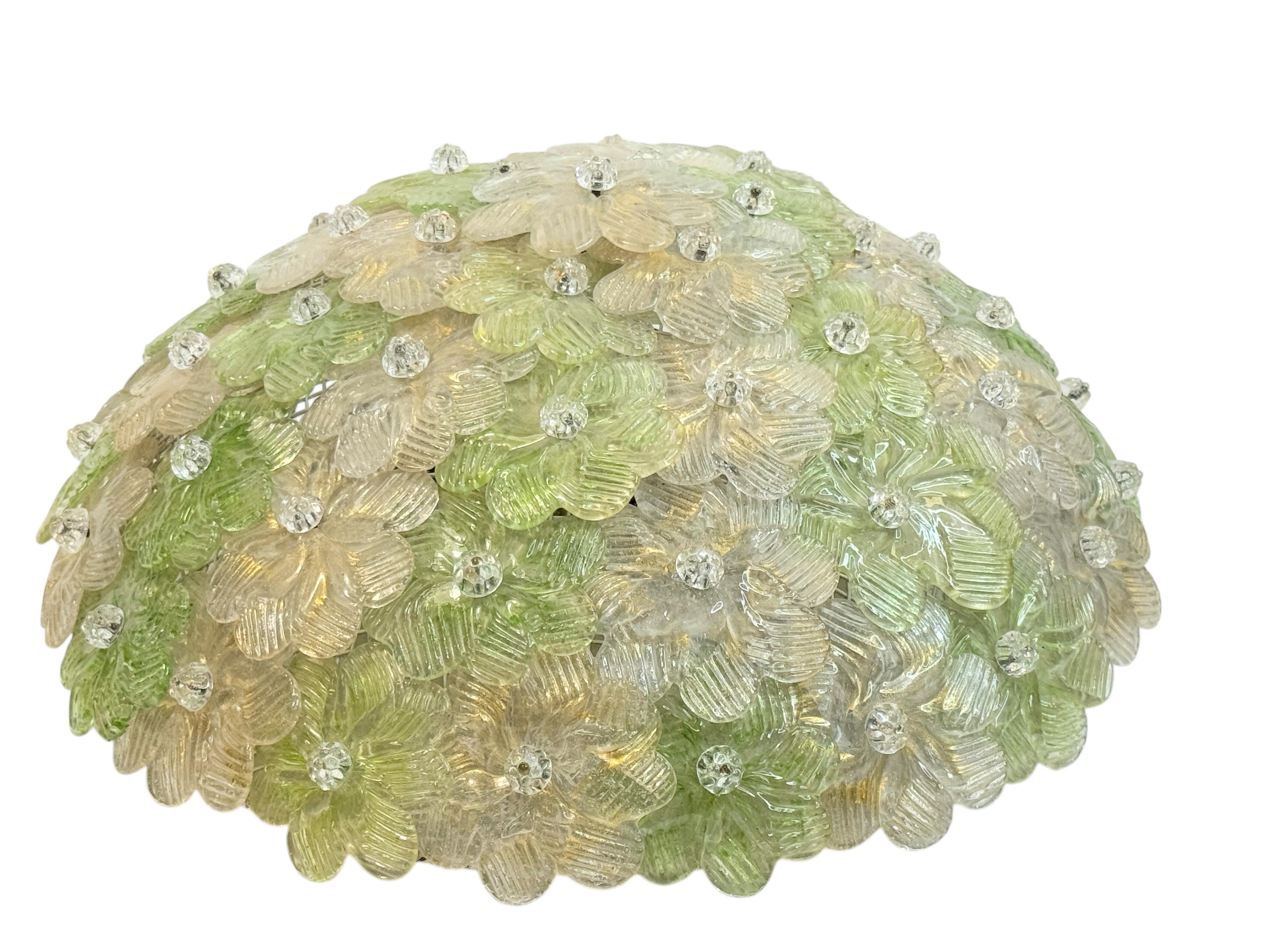 Exceptionnelle lampe affleurante à fleurs vertes et dorées Barovier & Greene Greene, Italie, années 1960 Bon état - En vente à Nuernberg, DE