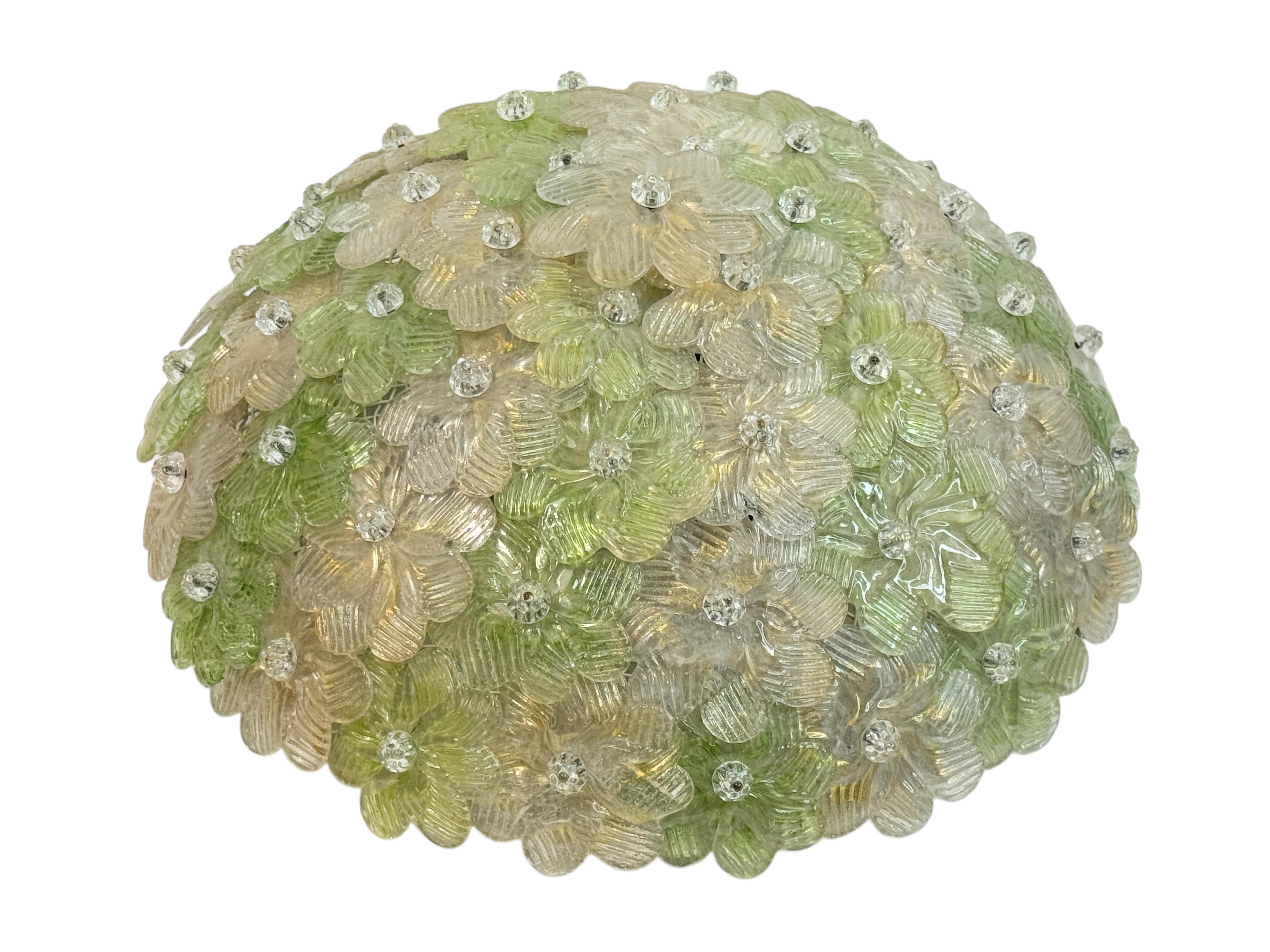 Métal Exceptionnelle lampe affleurante à fleurs vertes et dorées Barovier & Greene Greene, Italie, années 1960 en vente