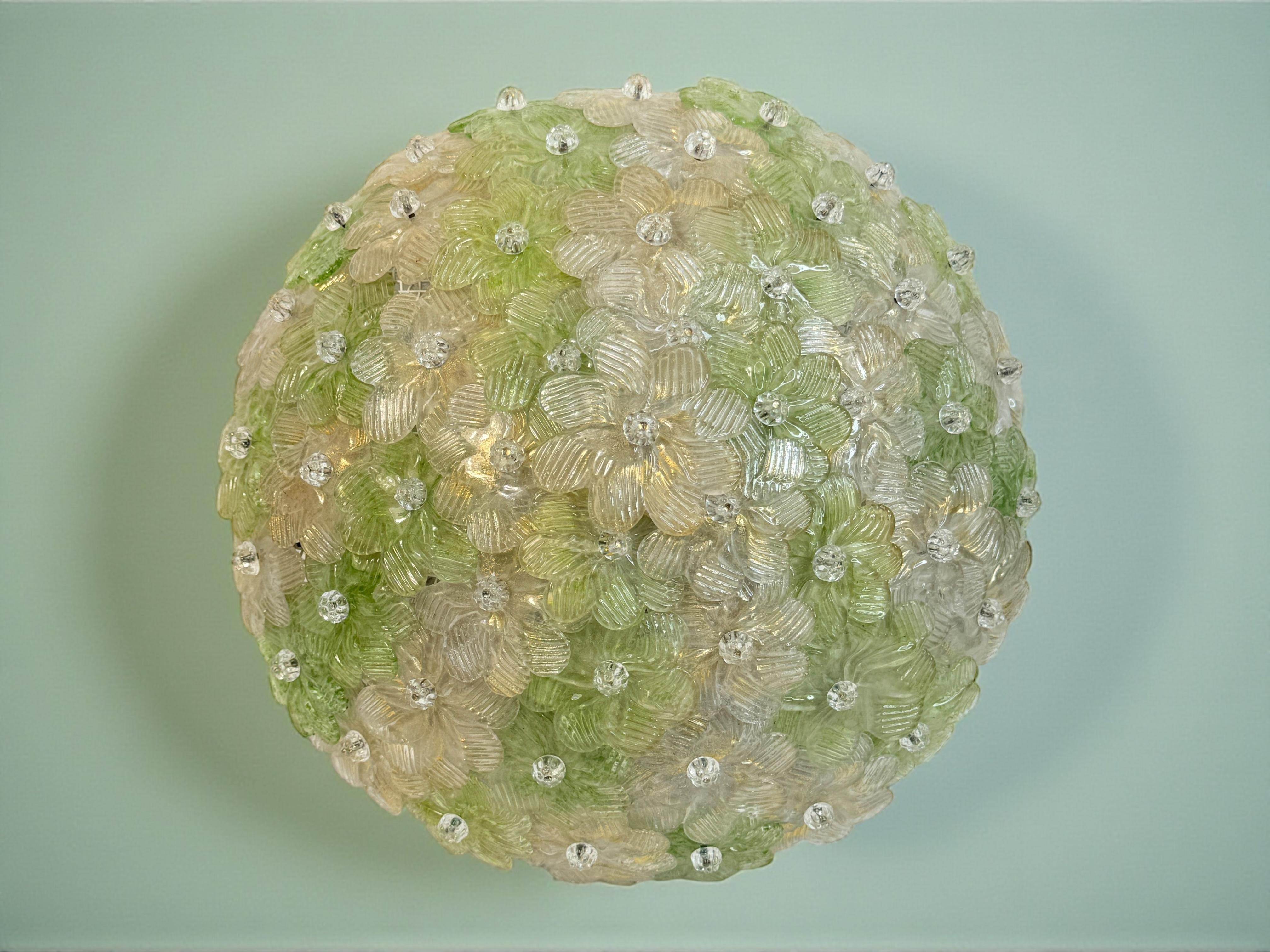 Exceptionnelle lampe affleurante à fleurs vertes et dorées Barovier & Greene Greene, Italie, années 1960 en vente 2