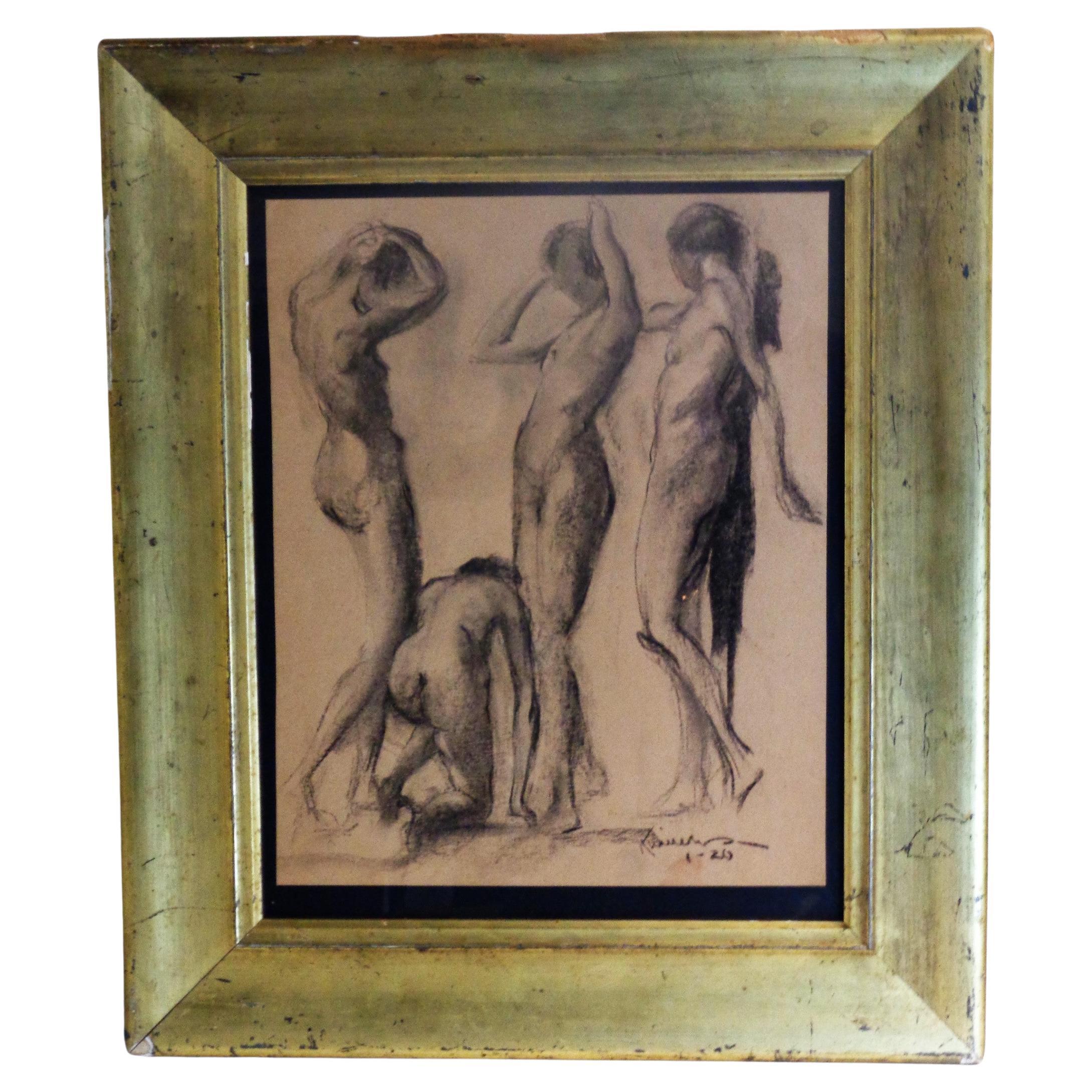 Charcoal and graphite drawing on paper - group study of four female nude figures set in great looking antique wide molding lemon giltwood frame under glass. Artist signed lower left corner ( see image 3 - cannot fully make out name ) dated 1 -29.