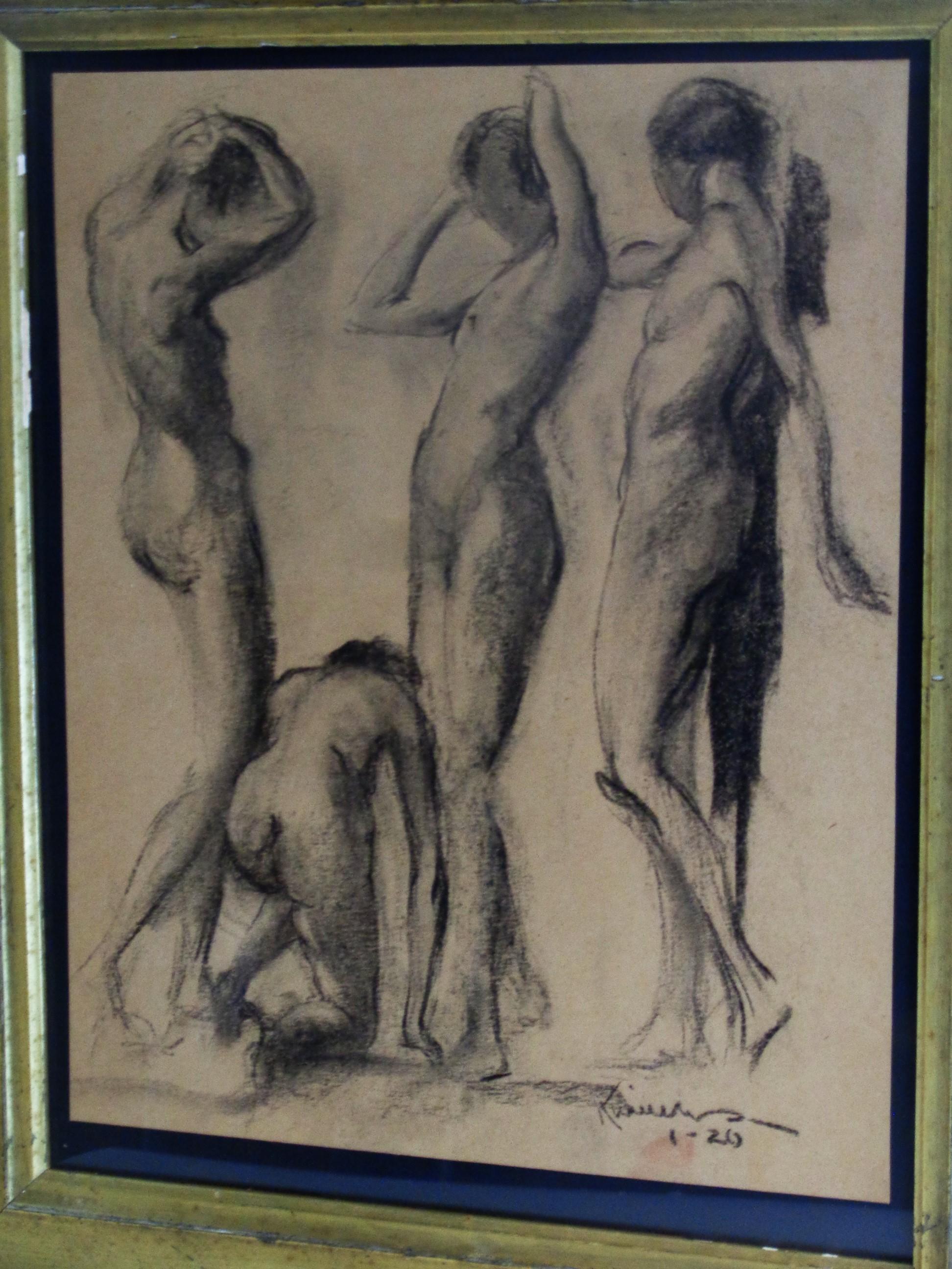 Group Study Drawing Female Nude Figures, Circa 1920's In Good Condition In Rochester, NY