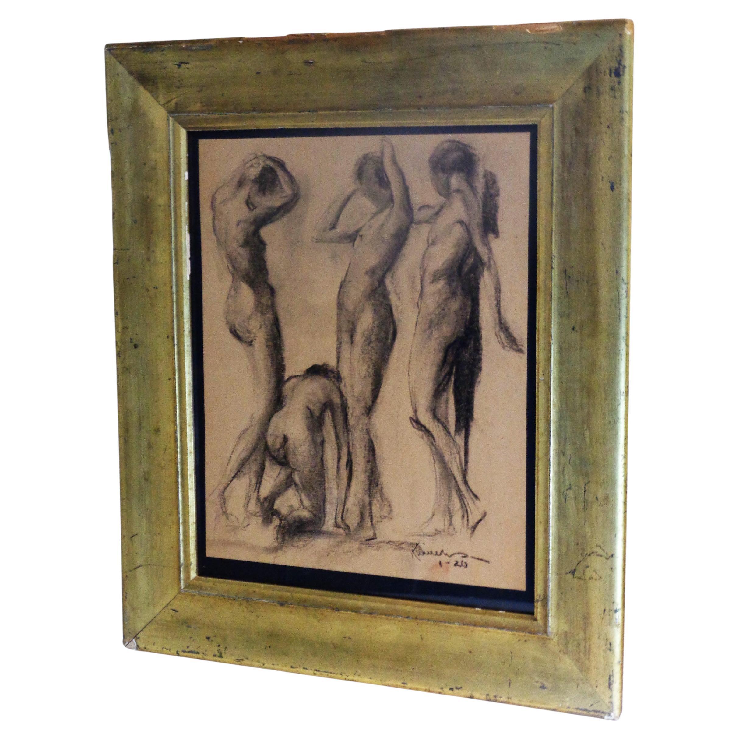 Early 20th Century Group Study Drawing Female Nude Figures, Circa 1920's