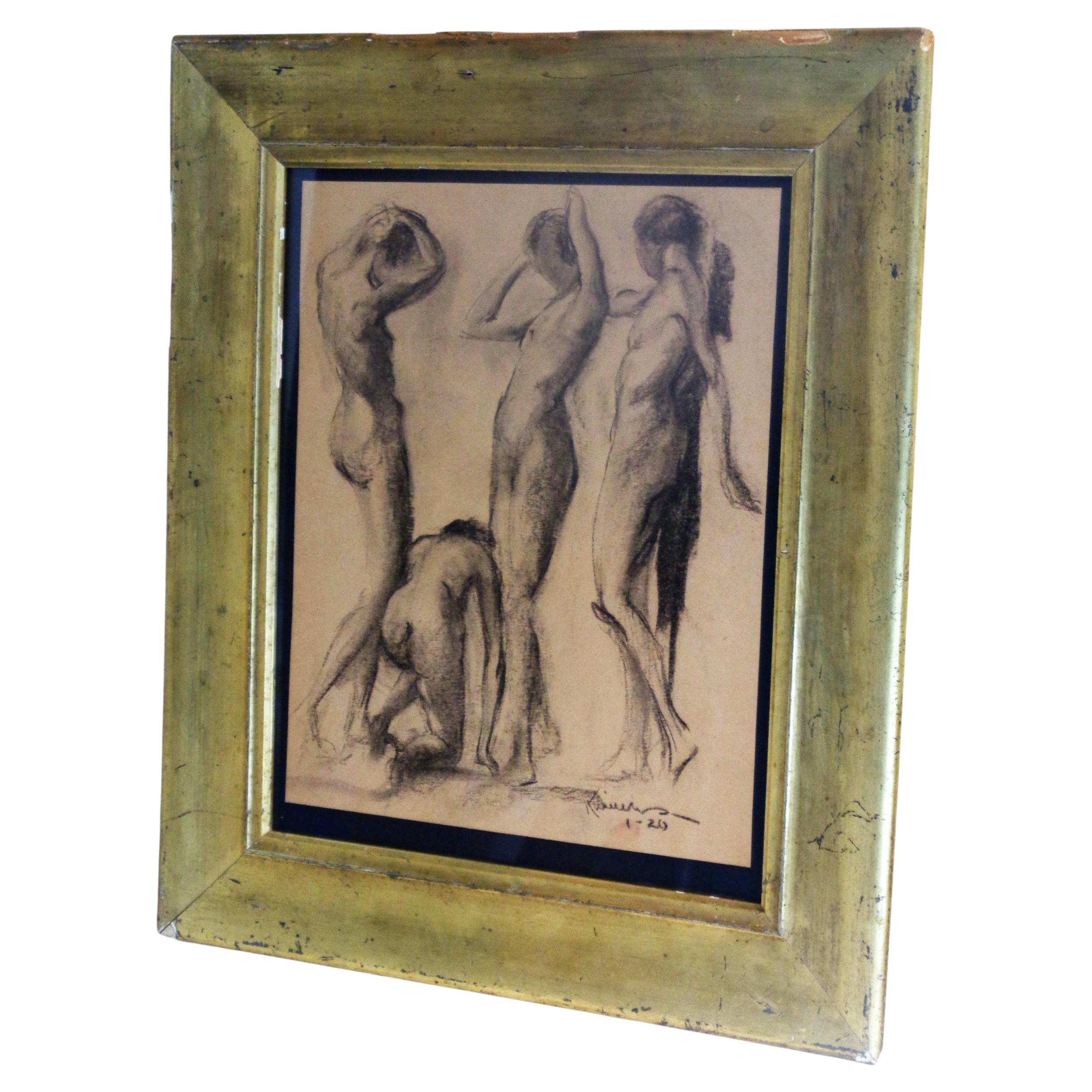 Group Study Drawing Female Nude Figures, Circa 1920's