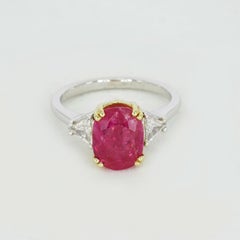 GIA Certified 6.05 Carat Burmese No Heat Ruby Diamond Three-Stone Ring