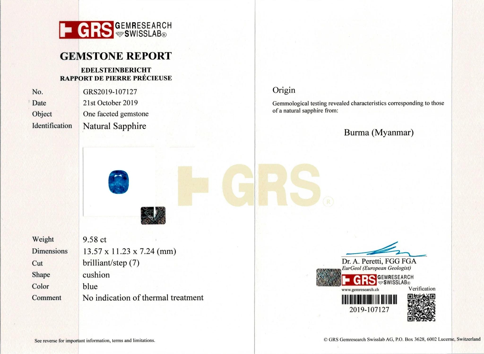 Exceptional GRS Certified 9 Carat Blue Sapphire BURMA Origin Diamond Ring