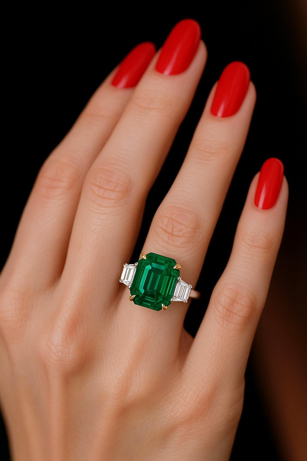 Découvrez l'élégance et le luxe avec notre bague à diamant trapézoïdal en émeraude colombienne Muzo vert vif de 5.70 carats. Cette pièce exquise, sertie de platine massif, met en valeur la beauté inégalée d'une émeraude rare associée à de superbes