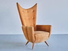 Exceptional Guglielmo Ulrich Armchair in Velvet and Fluted Walnut, Italy, 1940s