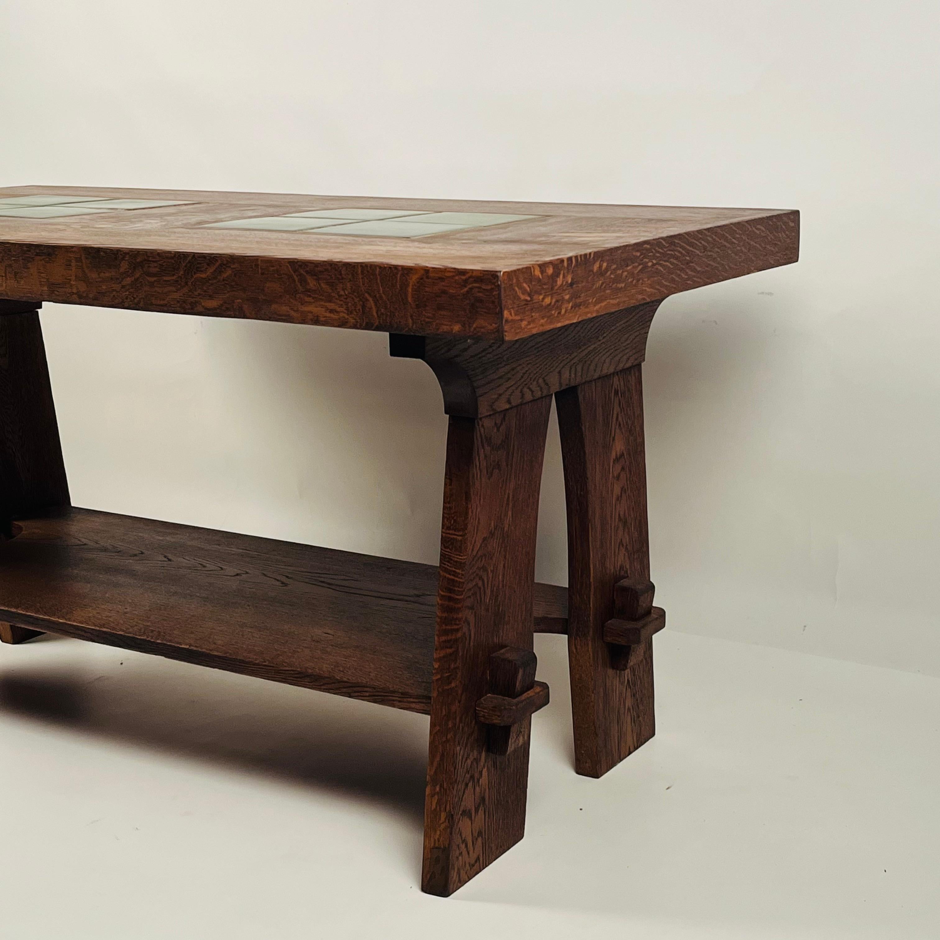 American Exceptional Gustav Stickley Arts and Crafts Oak Center Table with Grueby Tiles For Sale