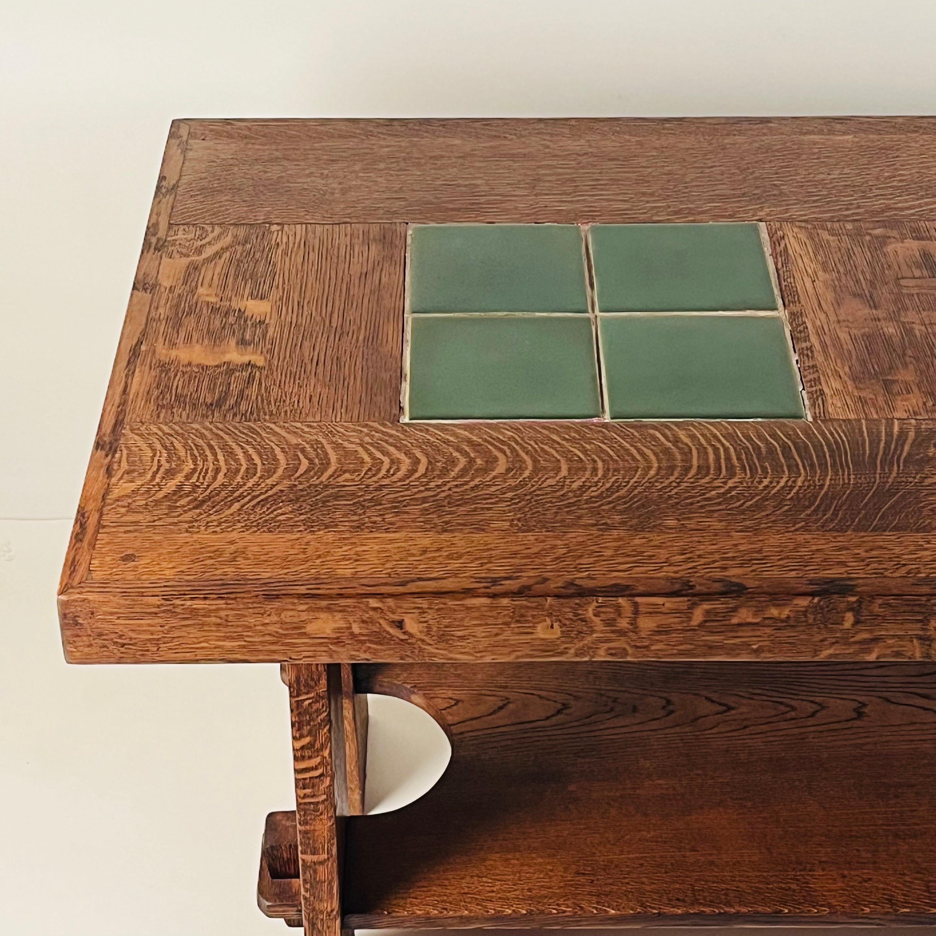 Exceptional Gustav Stickley Arts and Crafts Oak Center Table with Grueby Tiles In Excellent Condition For Sale In Los Angeles, CA