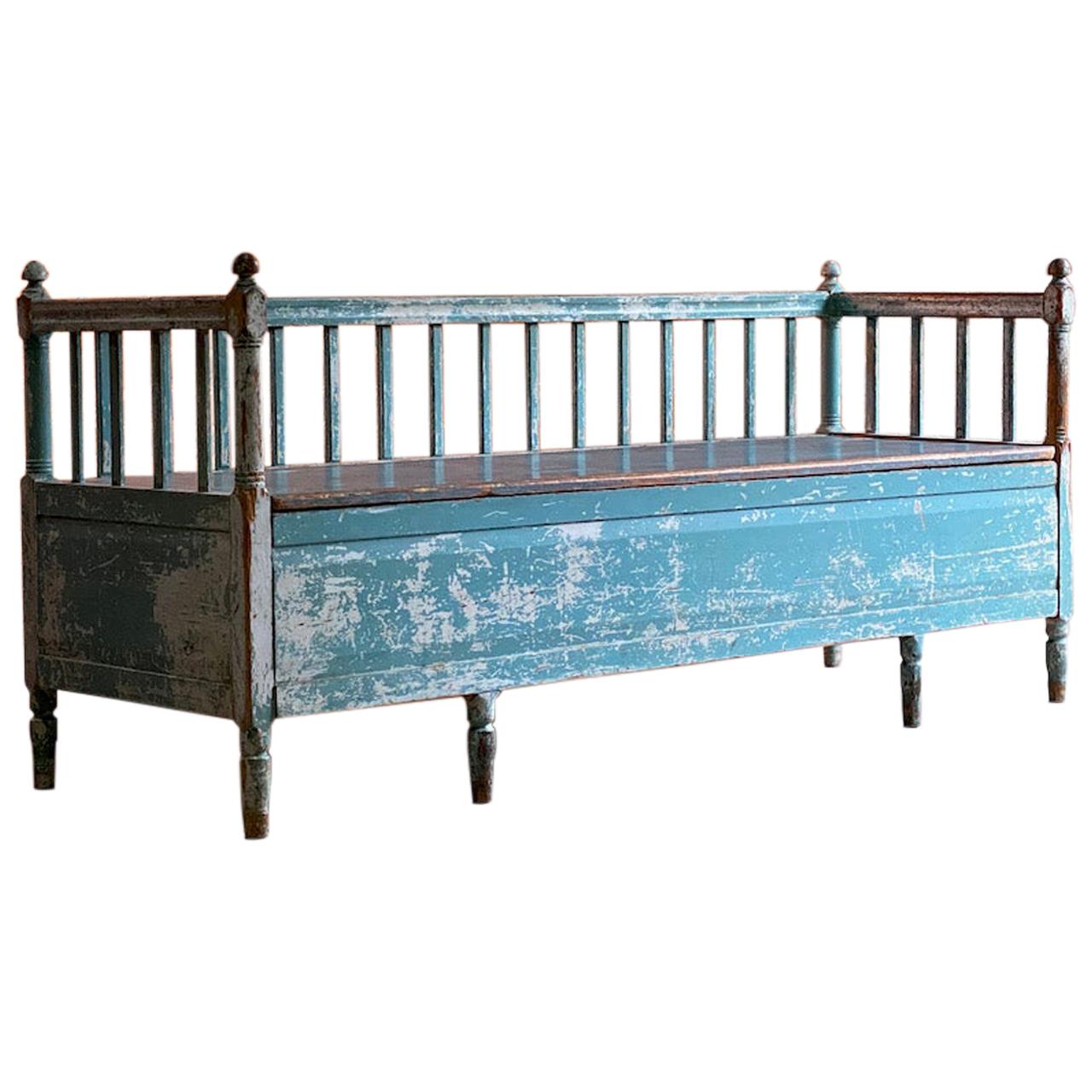 Exceptional Gustavian painted bench settle, Sweden, circa 1800

An exquisite and charming early 19th century antique Swedish Gustavian painted pine settle sofa dating to circa 1800, the balustrade back with turned upright supports featuring turned