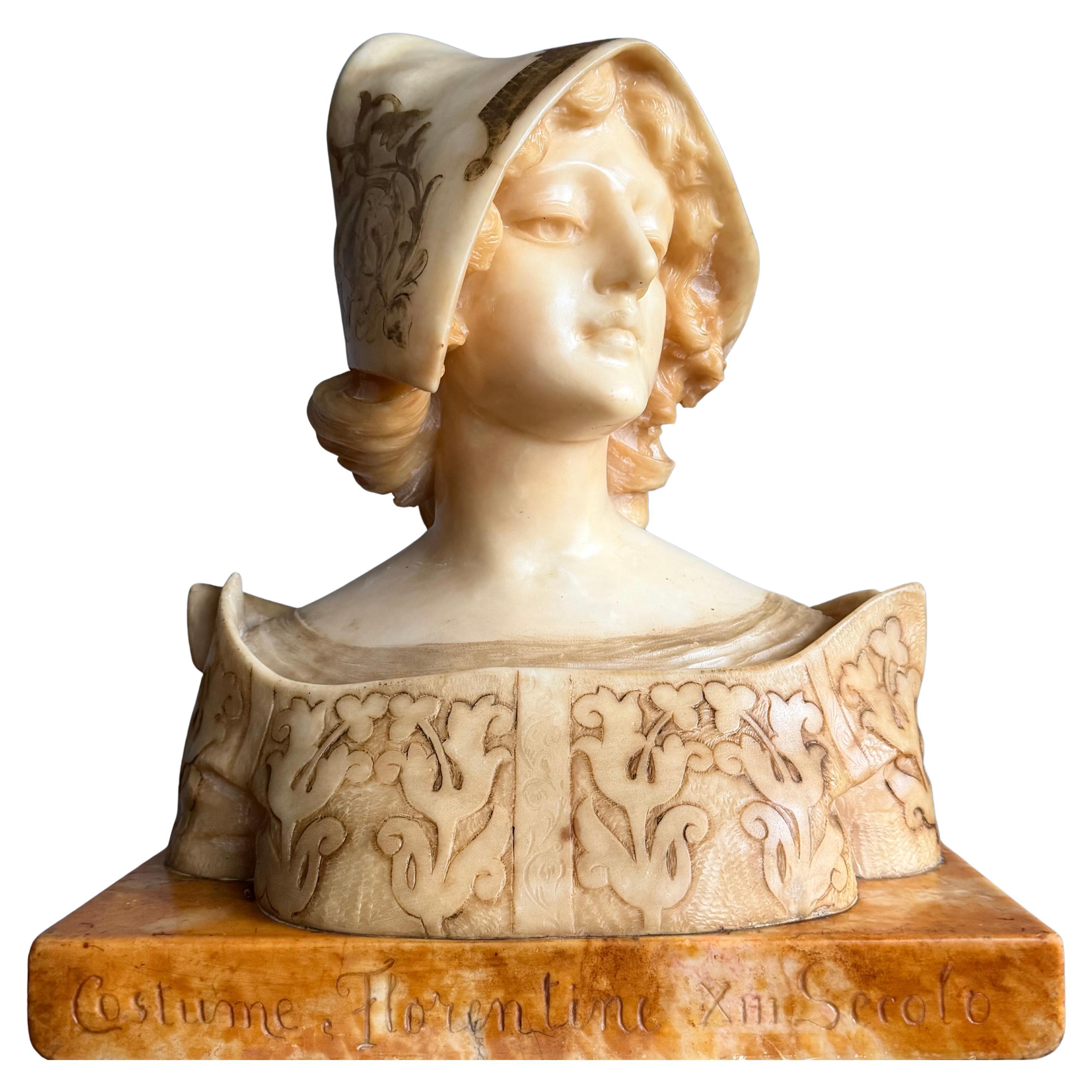 Exceptional Hand-Carved Alabaster Bust, Florentine Costume, 13th Century For Sale