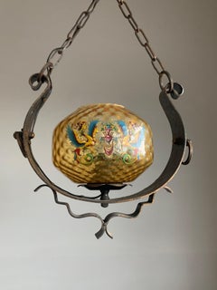Exceptional Hand-Painted Italian Glass Pendant Light w Mythological Motifs c1900