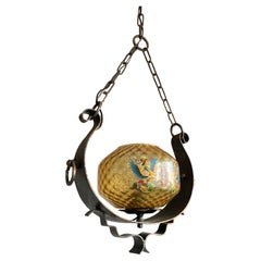 Exceptional Hand-Painted Italian Glass Pendant Light w Mythological Motifs c1900