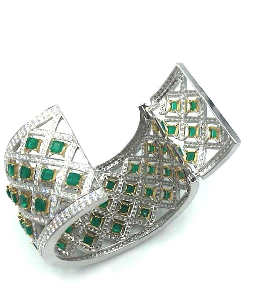 Emerald Cut Exceptional Handcrafted Platinum Diamond and Emerald Wide Cuff Bracelet For Sale