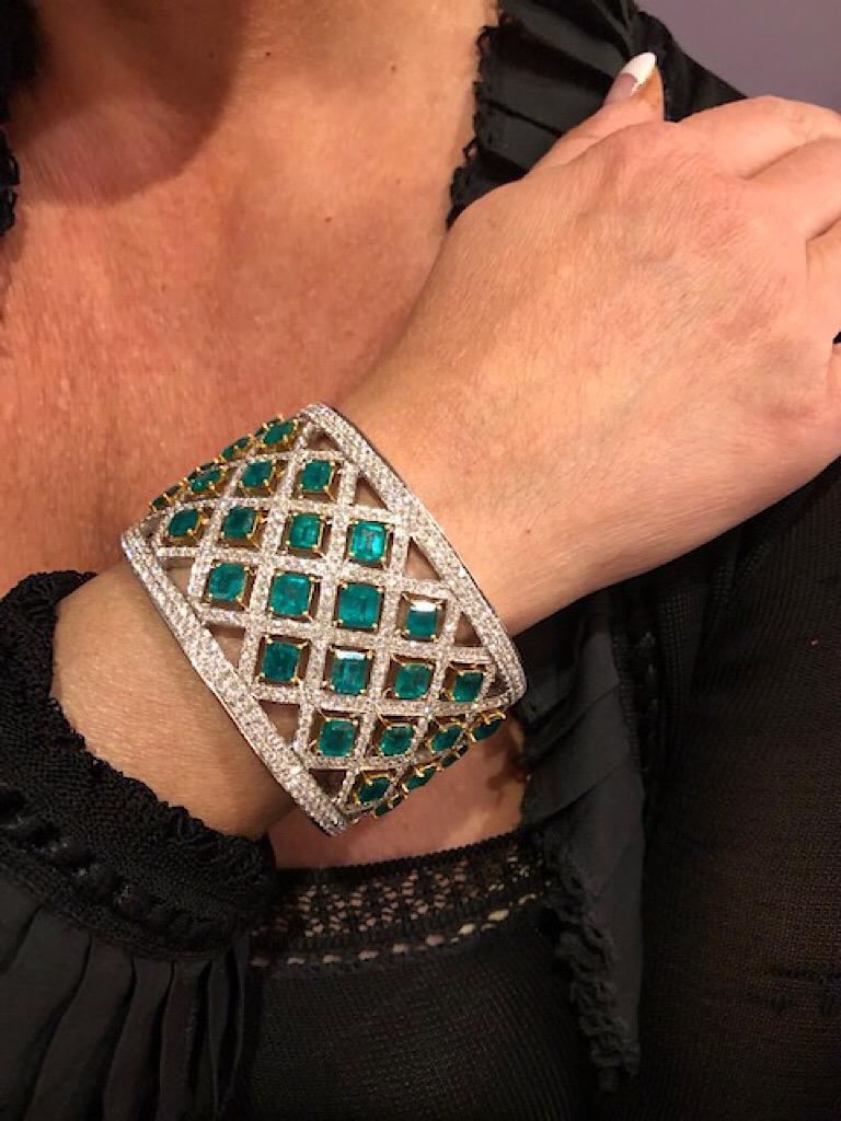 Women's Exceptional Handcrafted Platinum Diamond and Emerald Wide Cuff Bracelet For Sale