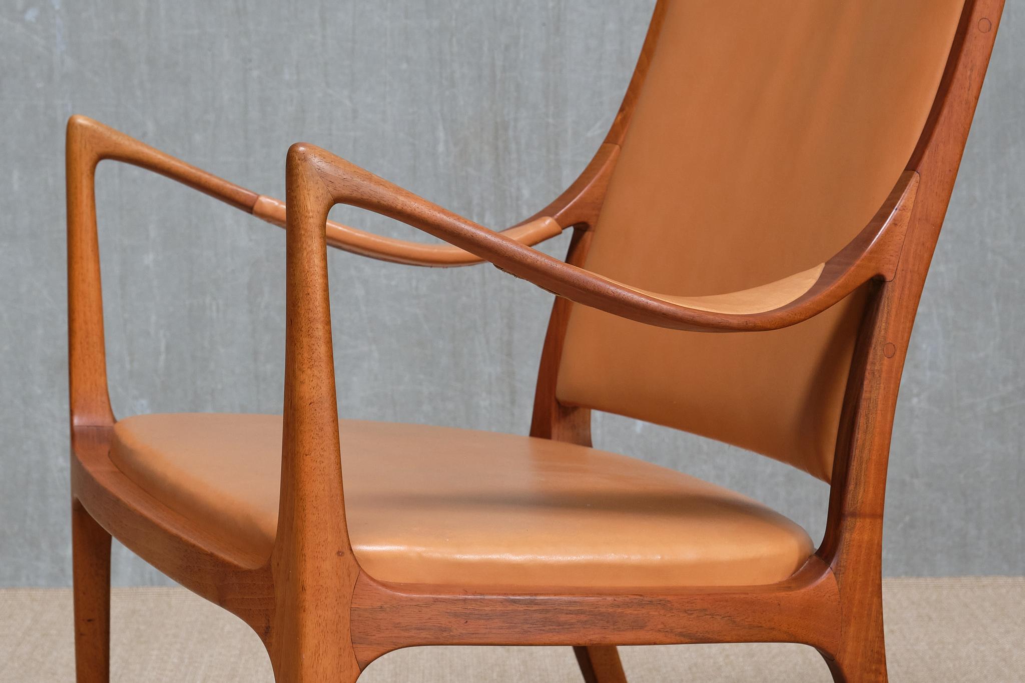 Cuir Exceptionnel fauteuil Hans Asplund, noyer et cuir, Nordiska Kompaniet, 1955 en vente