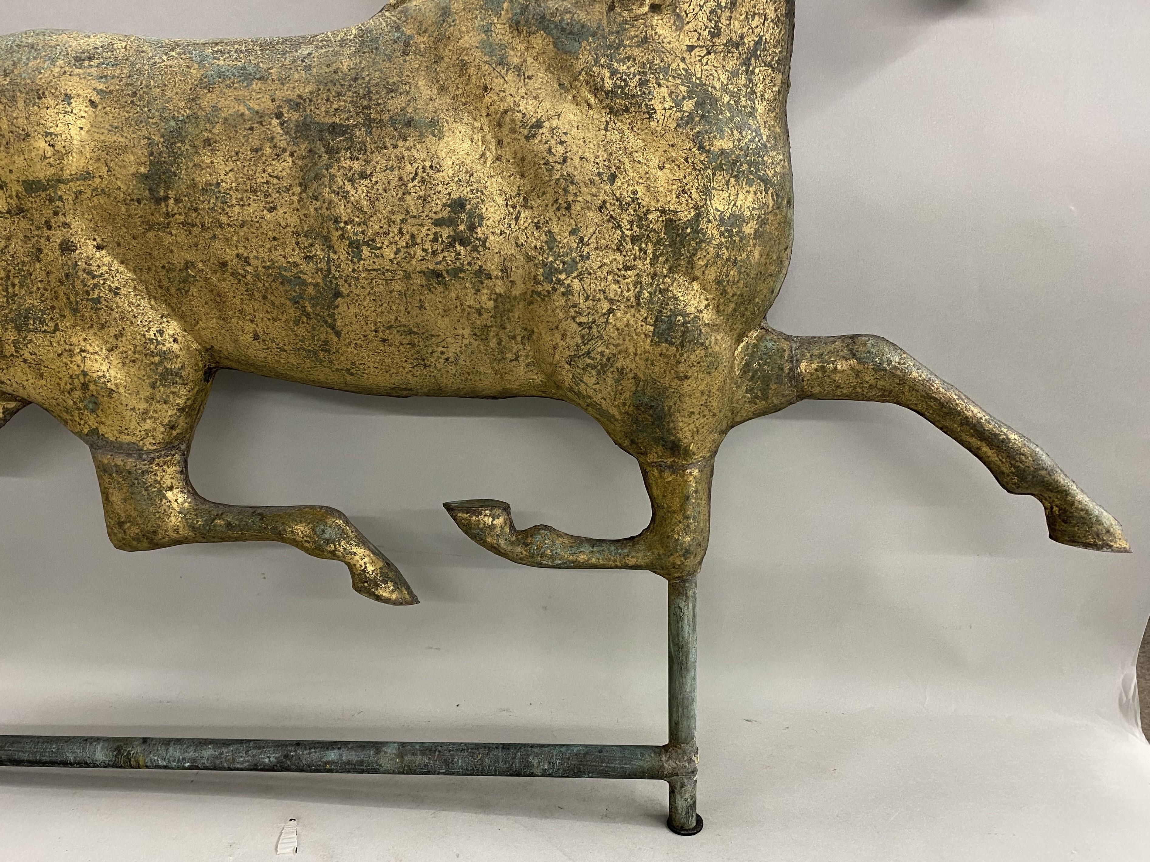 American Exceptional Harris & Co Gilt Copper Running Horse Weather Vane w/ Cast Zinc Head For Sale