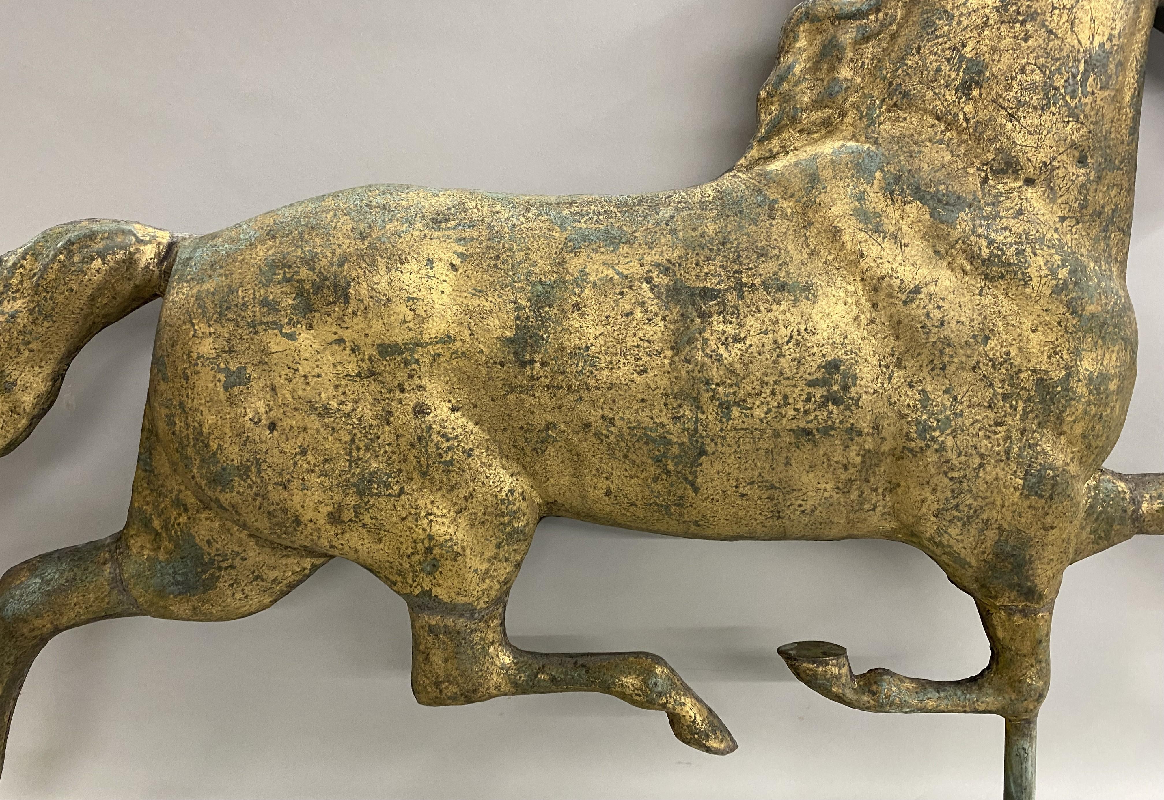 Exceptional Harris & Co Gilt Copper Running Horse Weather Vane w/ Cast Zinc Head In Good Condition For Sale In Milford, NH