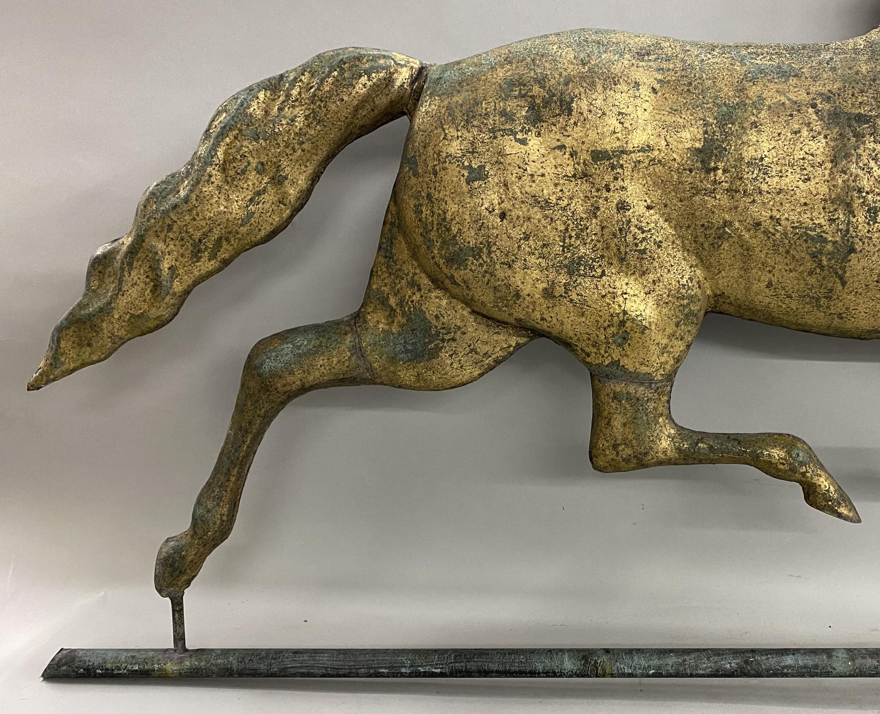 19th Century Exceptional Harris & Co Gilt Copper Running Horse Weather Vane w/ Cast Zinc Head For Sale