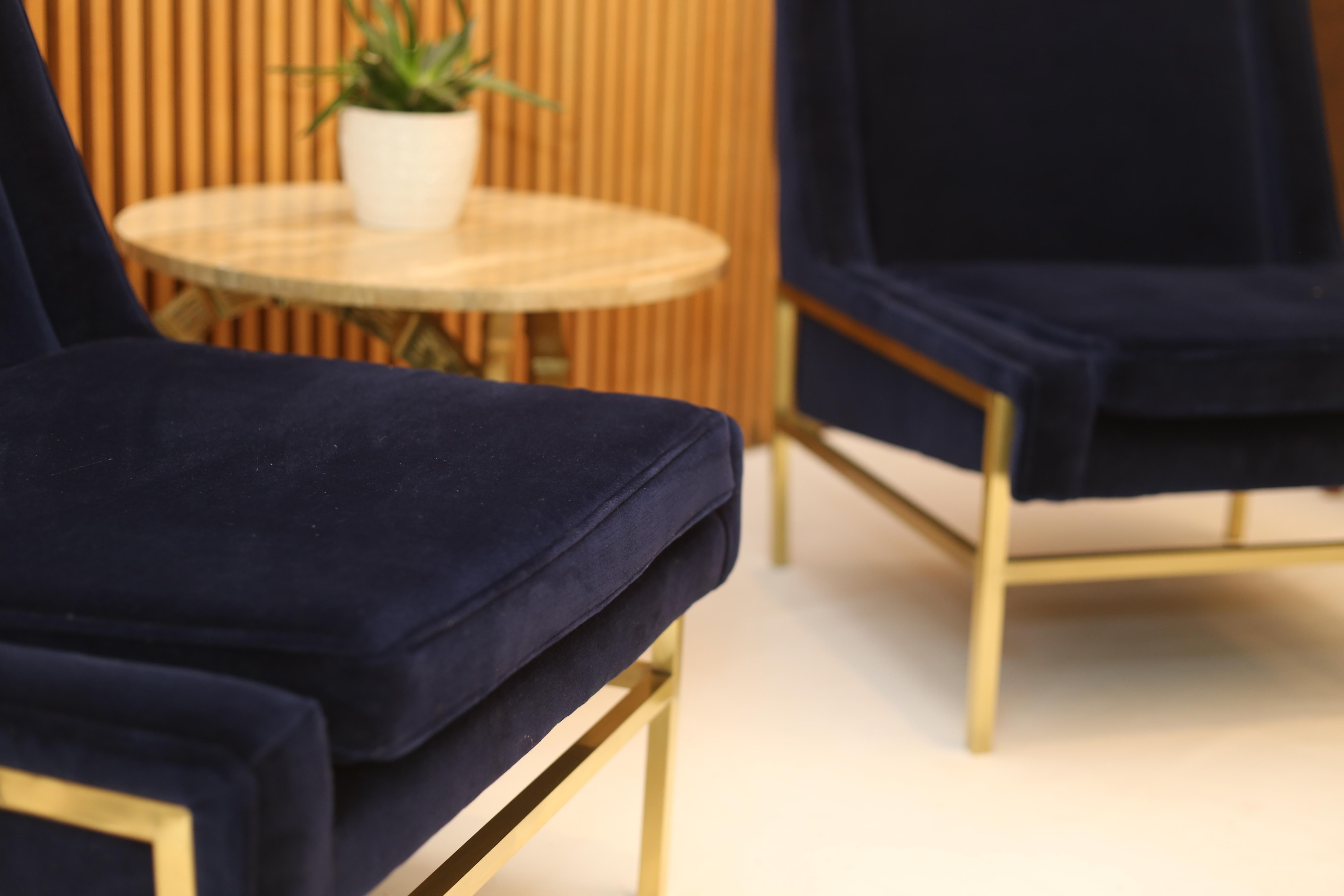 Mid-Century Modern Brass and Navy Velvet Lounge Slipper Chairs attributed to Harvey Probber 