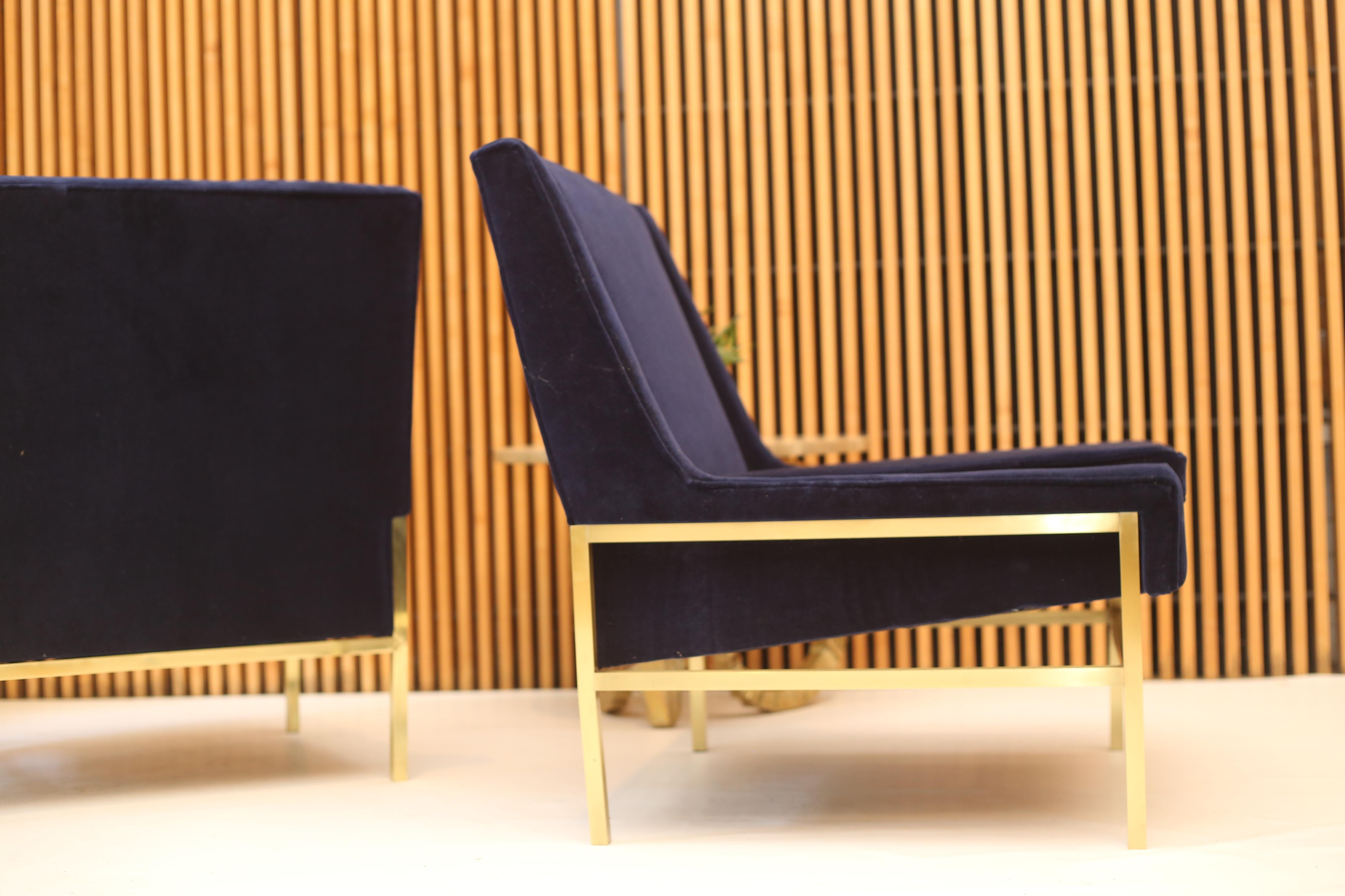 Polished Brass and Navy Velvet Lounge Slipper Chairs attributed to Harvey Probber 